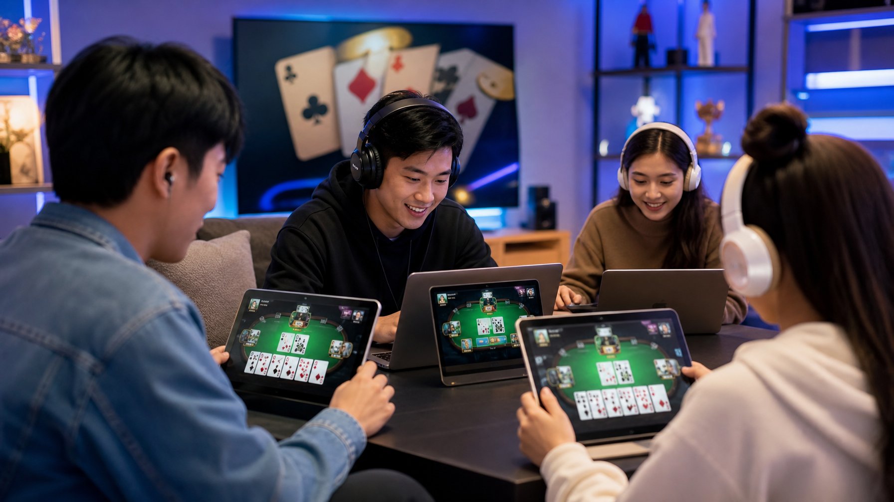 Sekelompok orang muda sedang bermain game kartu online Capsa Pair dengan fokus dan antusias di ruangan modern.