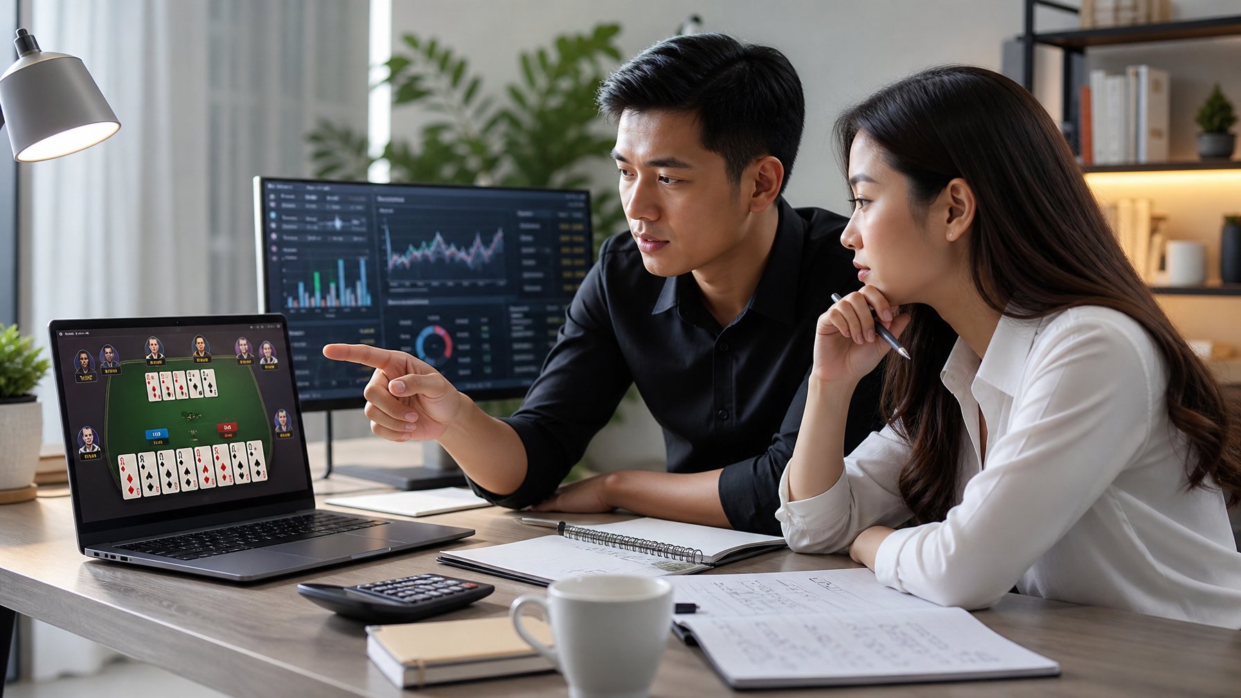 Dua orang muda duduk di meja modern, fokus berdiskusi sambil melihat layar laptop yang menampilkan permainan kartu online dan grafik keuangan.