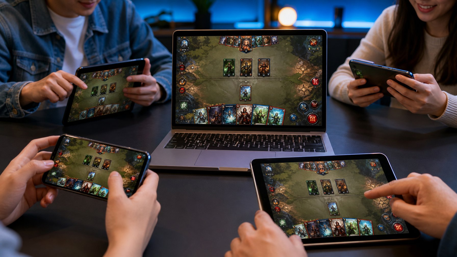 Dua pasangan pemain sedang bermain permainan kartu secara online menggunakan laptop, tablet, dan ponsel di meja modern.