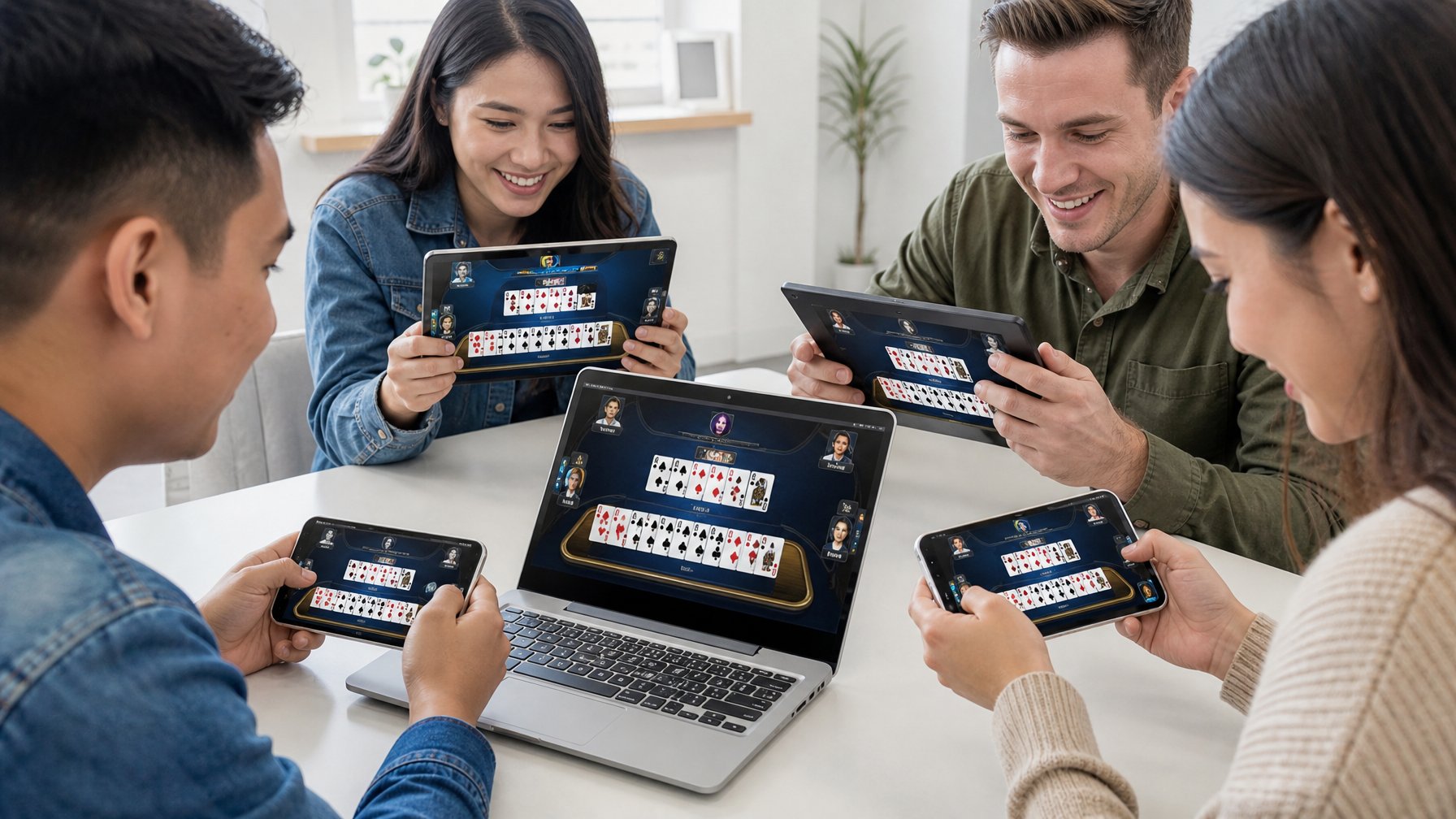 Beberapa orang bermain permainan kartu Capsa Pair Battle di berbagai perangkat seperti ponsel, tablet, dan laptop.