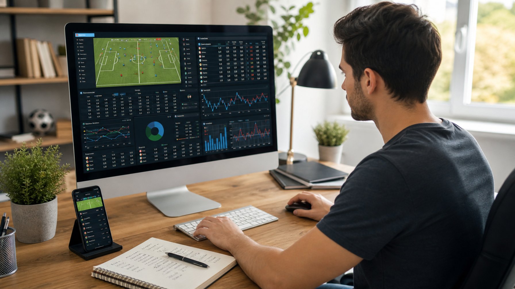 Seorang pria muda duduk di depan komputer yang menampilkan statistik dan data pertandingan sepak bola online, dengan suasana kantor rumah yang terang dan rapi.