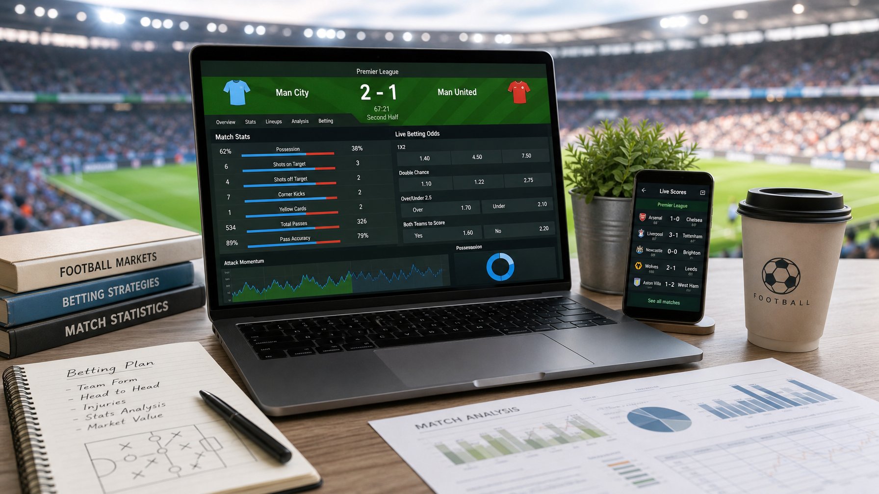 Meja kerja dengan laptop yang menampilkan statistik pertandingan sepak bola dan peluang taruhan, dikelilingi oleh catatan dan ponsel dengan skor langsung, dengan latar belakang stadion sepak bola yang ramai.
