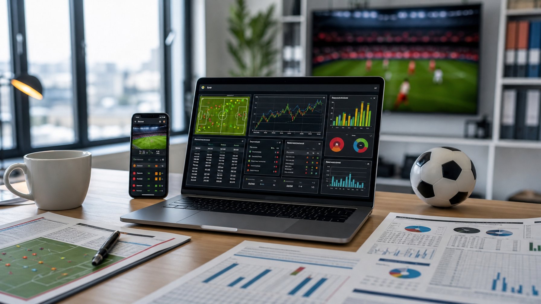Seorang analis sedang bekerja dengan laptop yang menampilkan data performa tim sepak bola dan statistik pertemuan sebelumnya di meja kerja dengan laporan dan ponsel di sekitarnya.