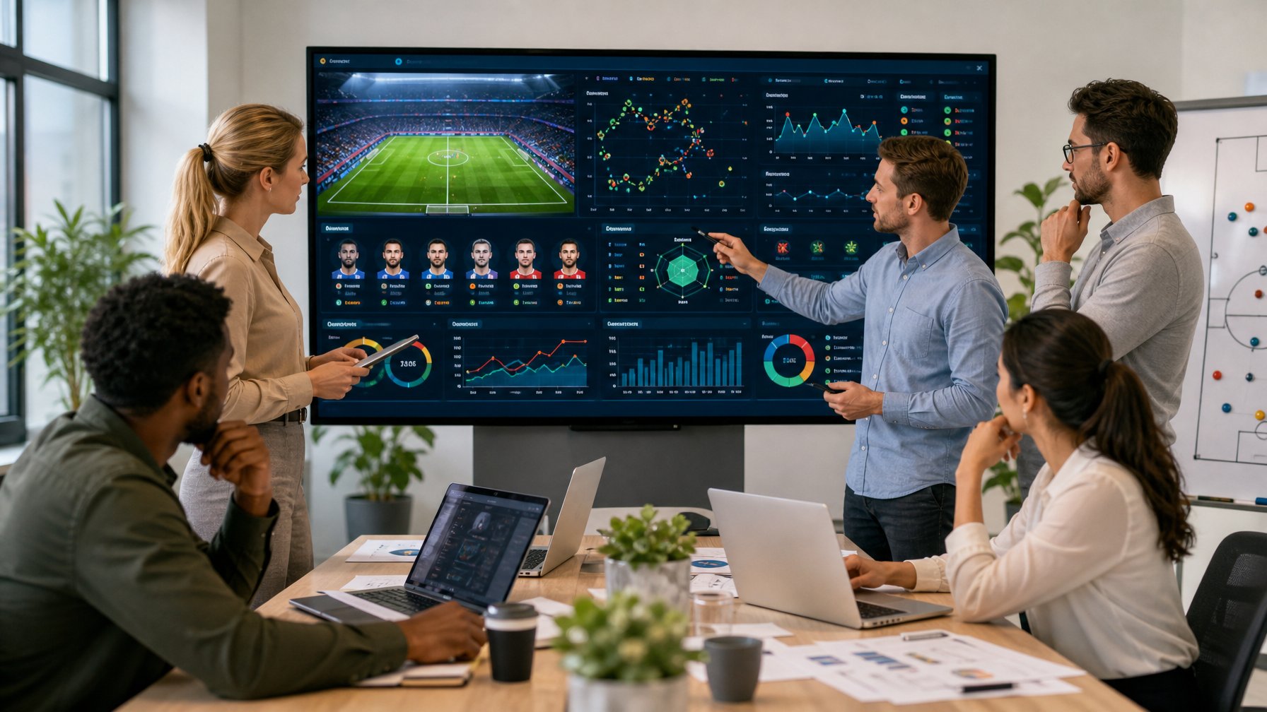 Sekelompok analis sedang berdiskusi di kantor modern dengan layar digital menampilkan data performa tim sepak bola dan statistik pertandingan sebelumnya.