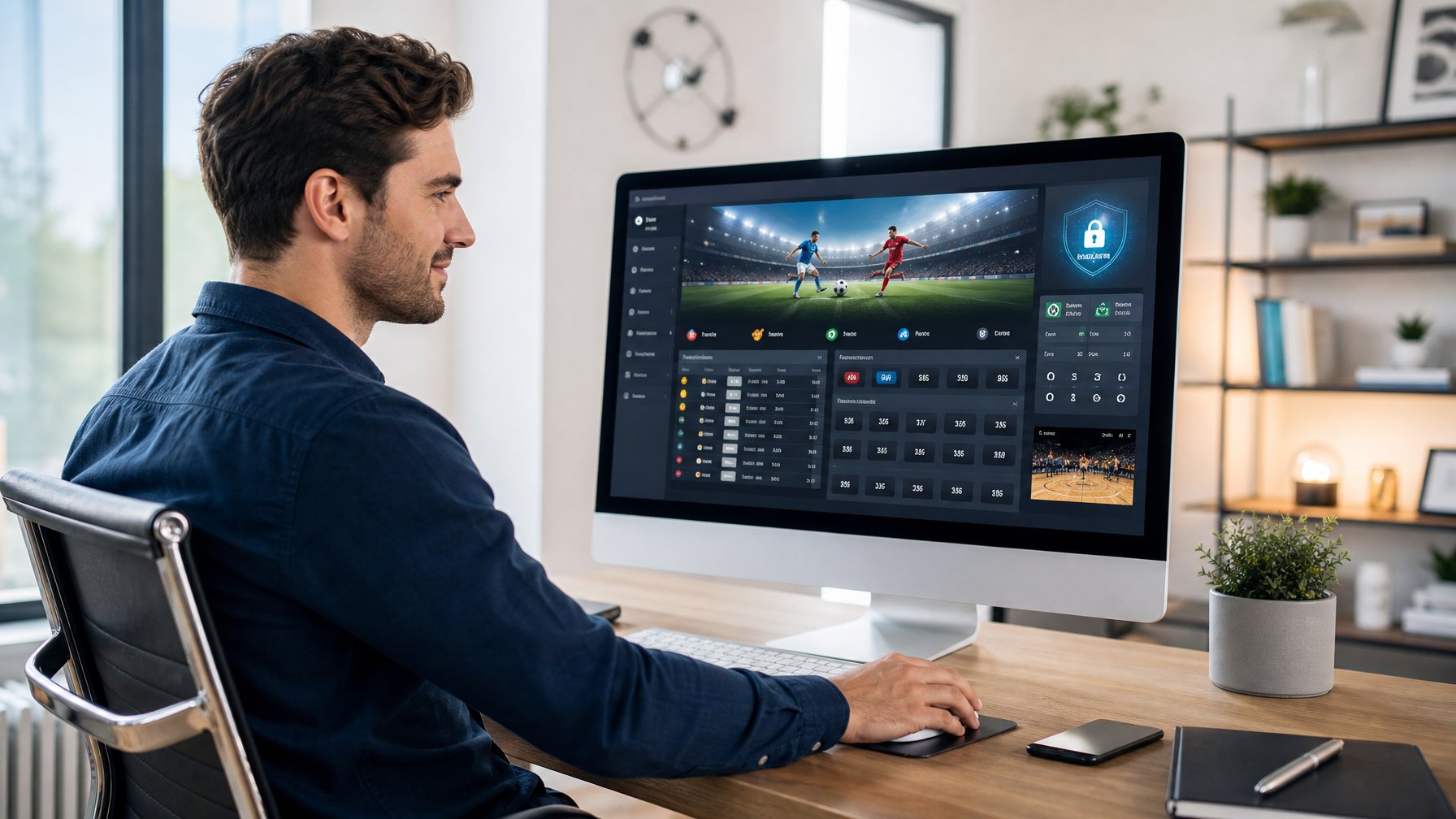 Seorang pria muda duduk di meja kerja dengan komputer yang menampilkan platform taruhan bola online yang aman dan lengkap.