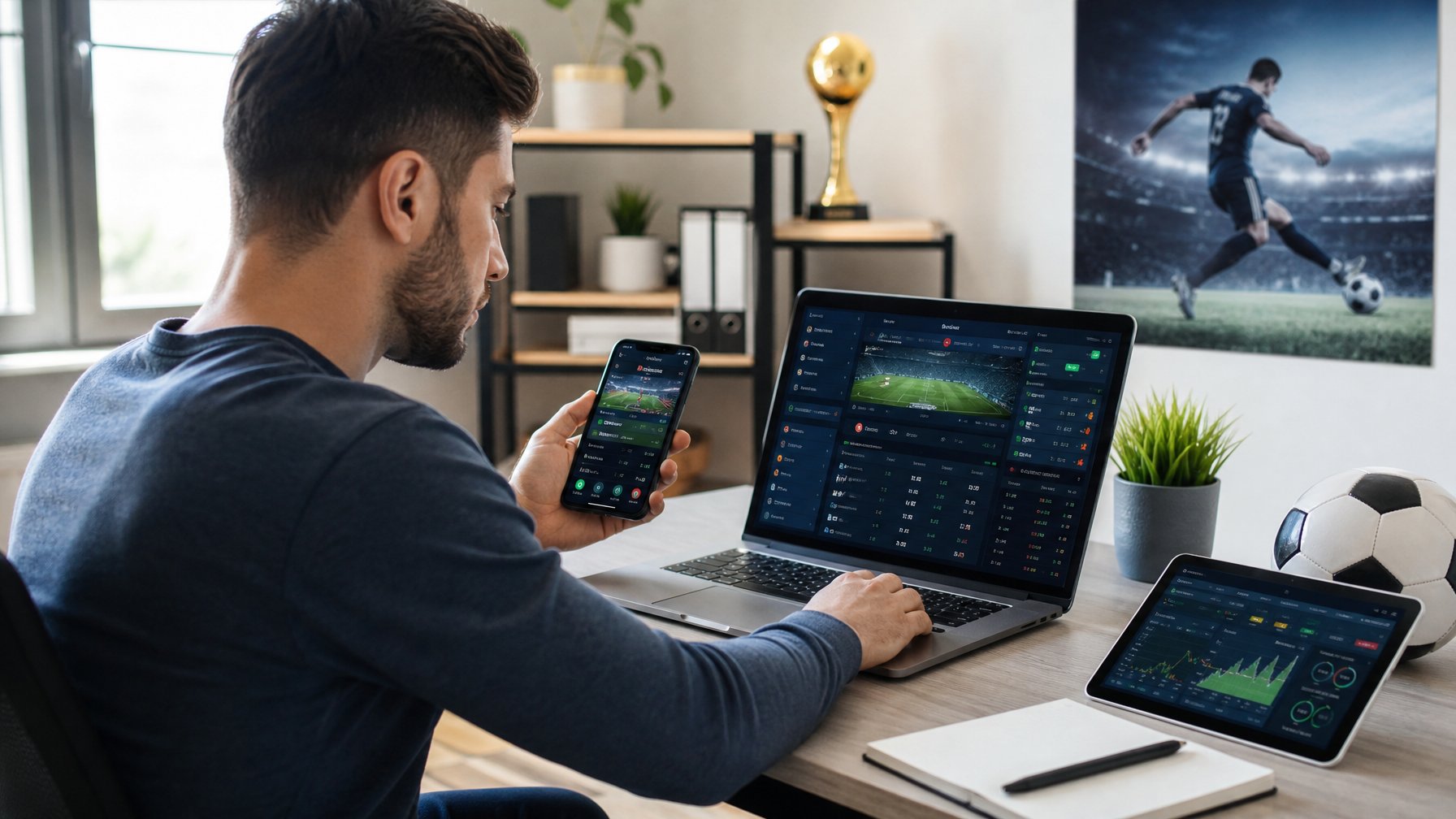 Seorang pria muda duduk di meja dengan laptop dan ponsel yang menampilkan antarmuka taruhan bola online, di ruang kerja rumah yang rapi dengan dekorasi bertema sepak bola.