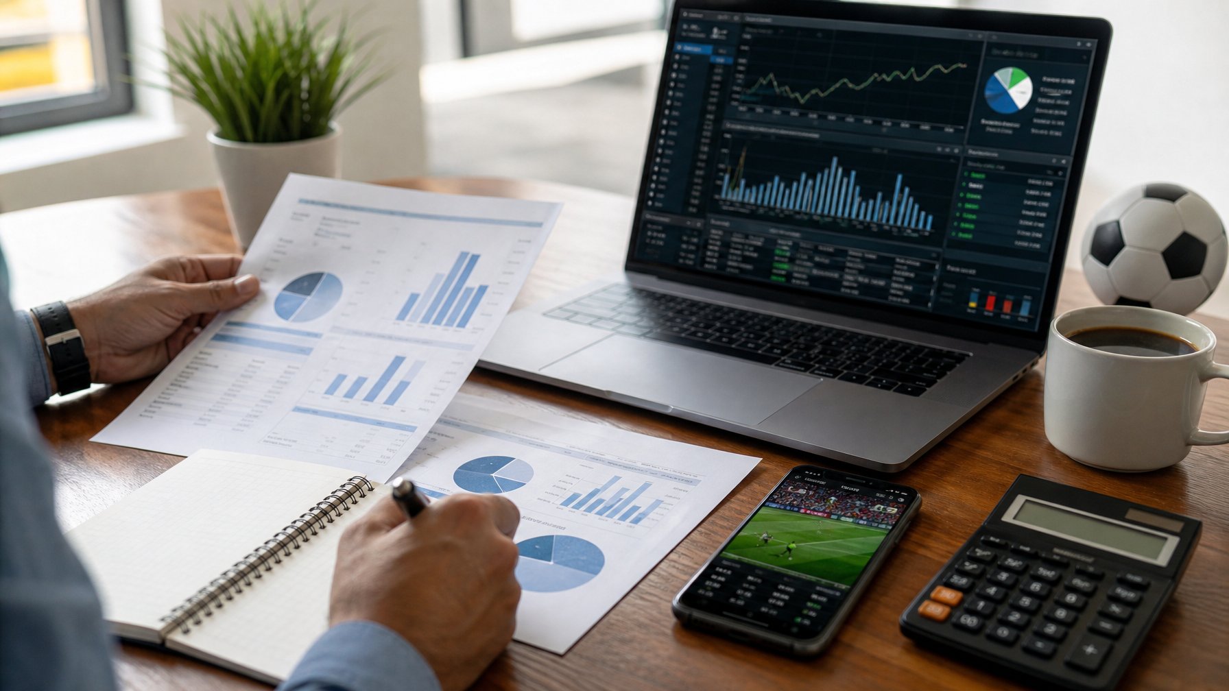 Meja kerja dengan laptop, laporan keuangan, kalkulator, dan tangan seseorang yang sedang mencatat, menunjukkan suasana perencanaan strategi modal untuk taruhan bola online.