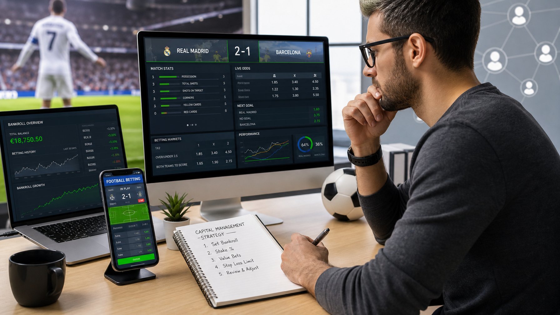 Seorang dewasa muda sedang duduk di meja dengan beberapa layar yang menampilkan statistik pertandingan sepak bola, peluang taruhan, dan grafik keuangan, sambil menganalisis data untuk strategi pengelolaan modal.