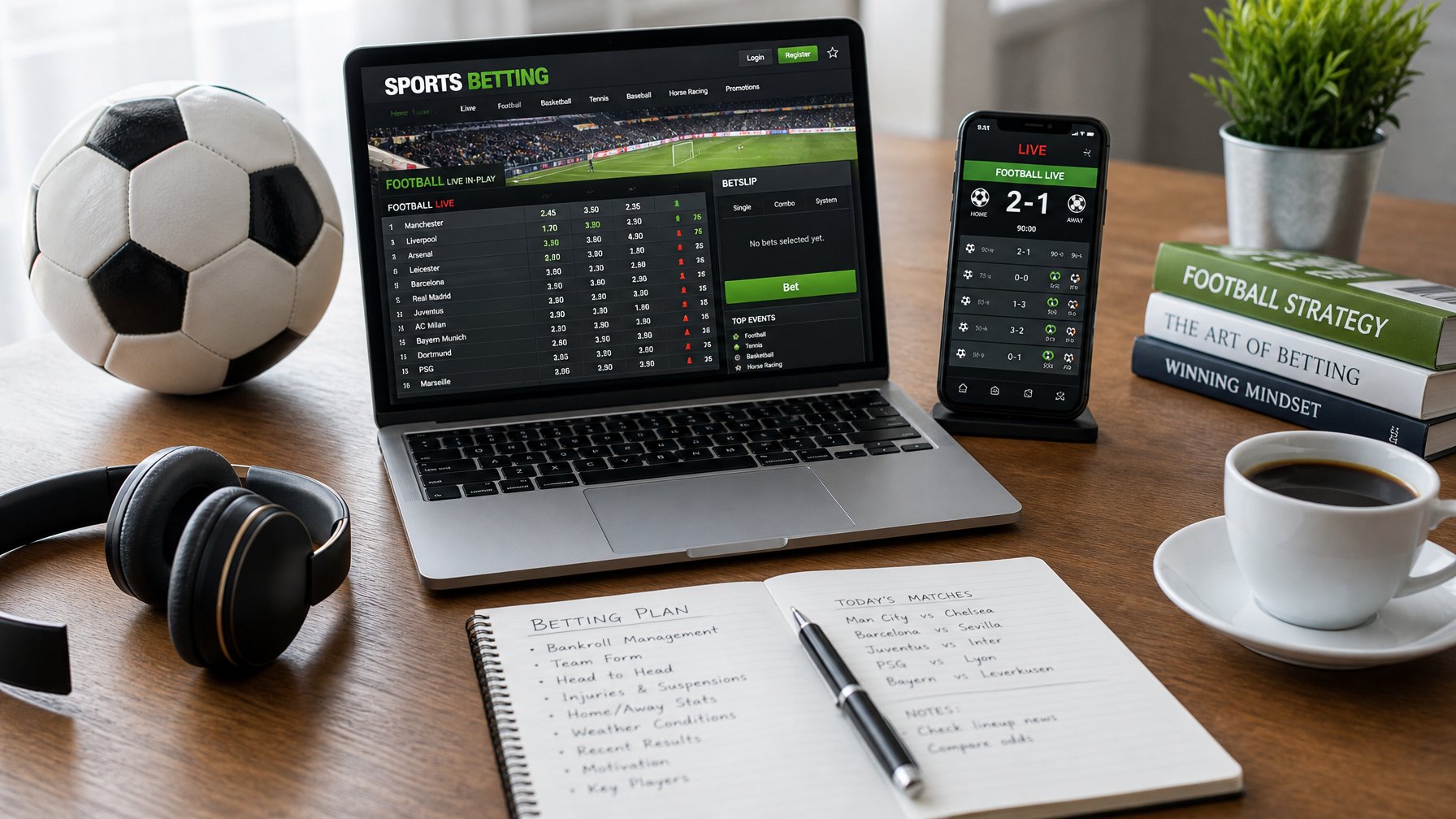 Meja kerja dengan laptop, ponsel, catatan, dan bola sepak yang menunjukkan persiapan untuk taruhan bola online.