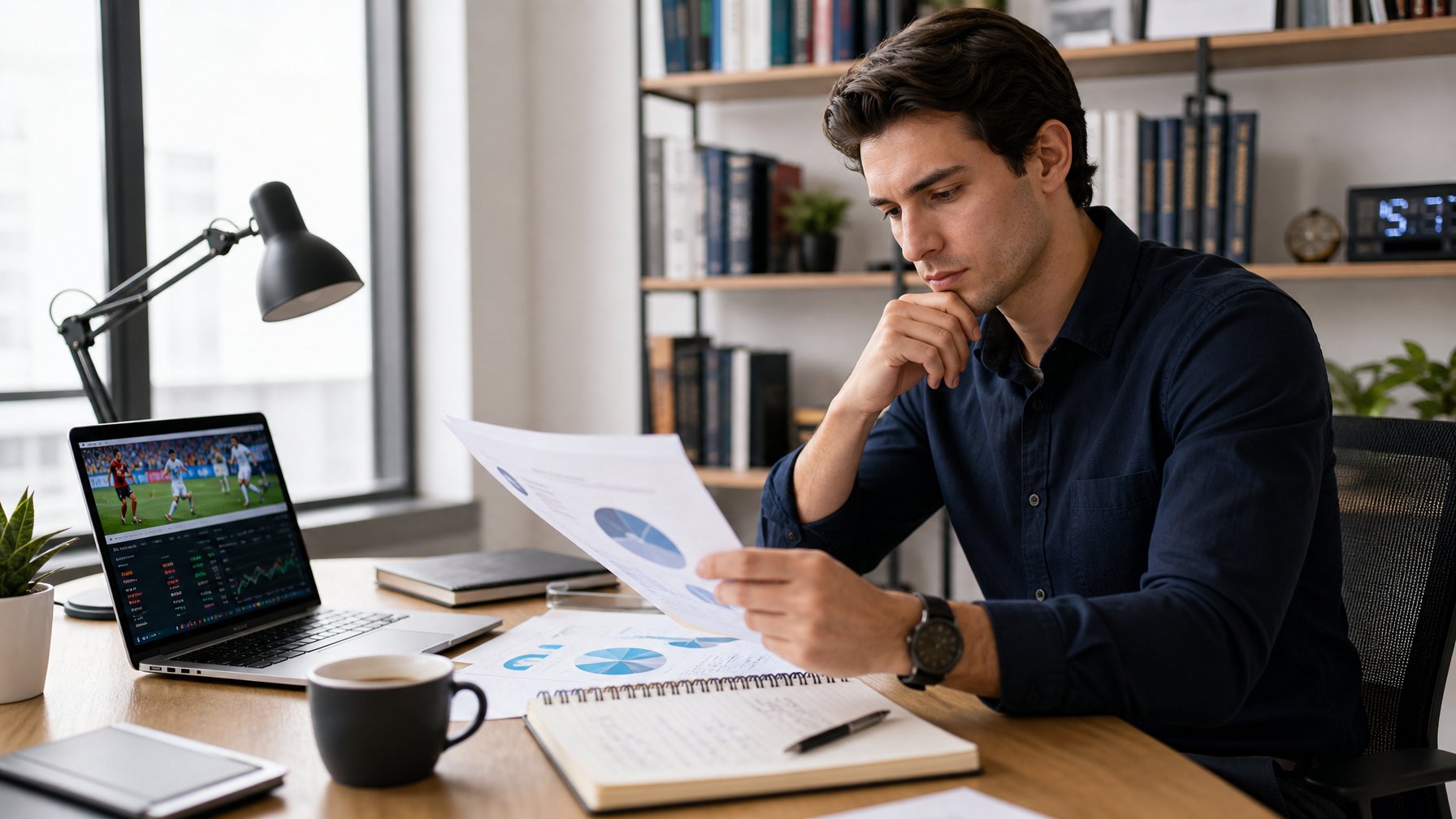Seorang pria muda duduk di meja kantor, fokus membaca dokumen dan melihat laptop dengan grafik terkait taruhan bola online.