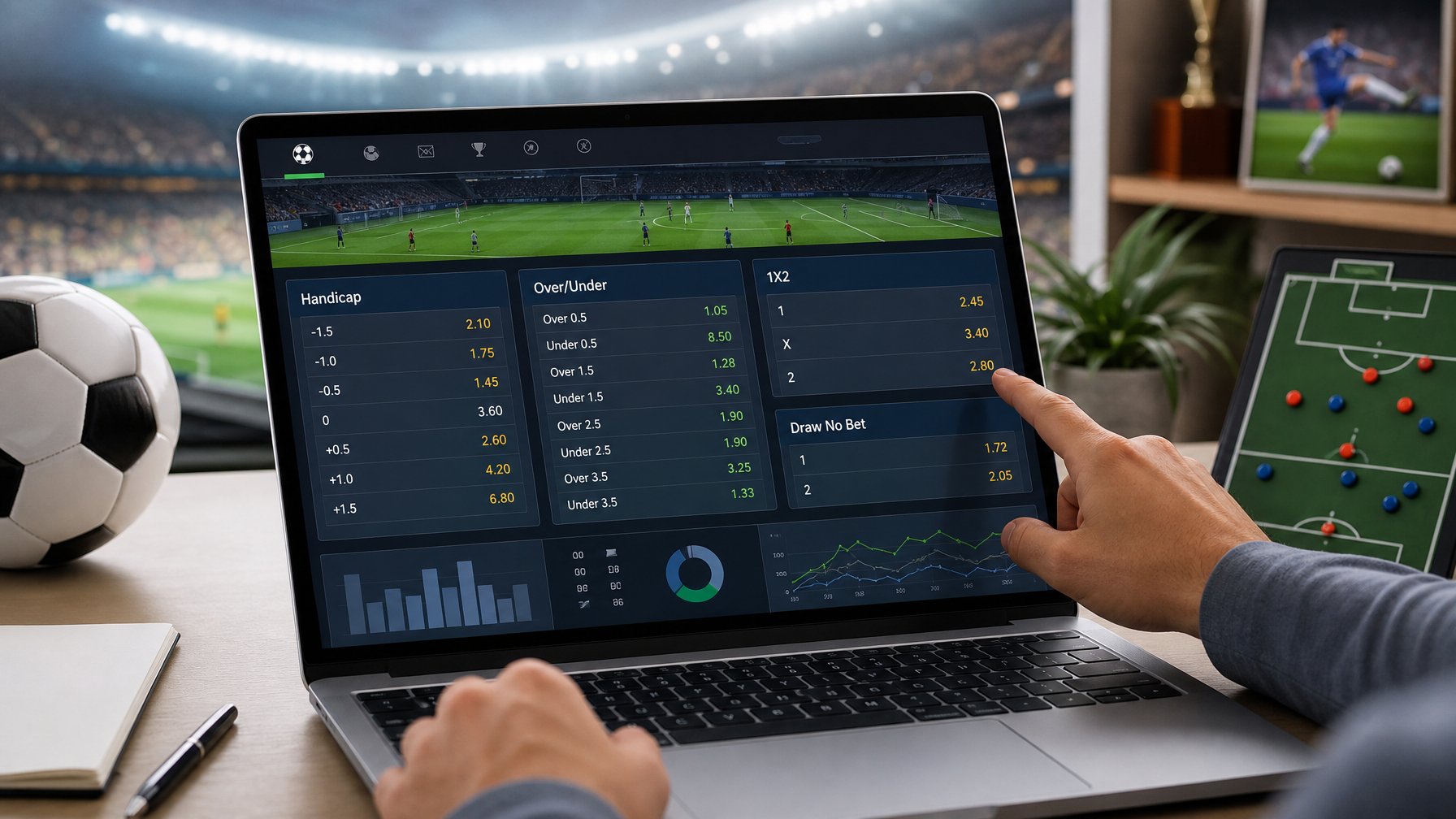 Seseorang menggunakan laptop dengan tampilan opsi taruhan sepak bola di layar, di meja terdapat bola sepak, dan latar belakang menampilkan stadion sepak bola.