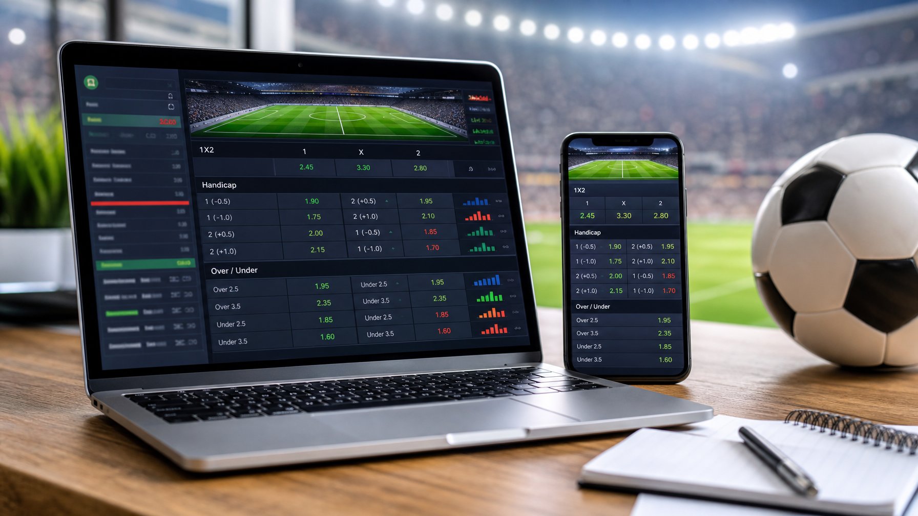 Seorang pria menggunakan laptop dan ponsel dengan layar menampilkan pasar taruhan sepak bola, dengan bola sepak dan stadion di latar belakang.
