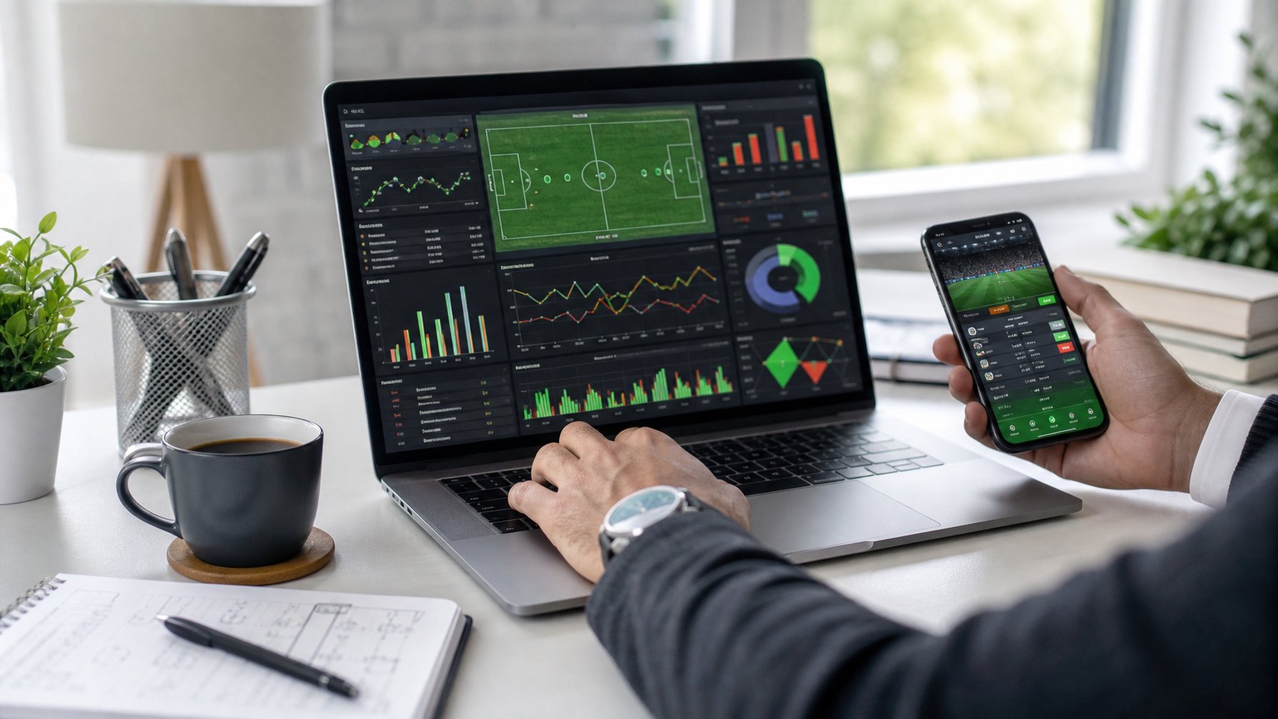 Seseorang menggunakan laptop dan ponsel di meja kerja dengan grafik dan statistik sepak bola di layar, menunjukkan aktivitas analisis data untuk membuat keputusan.