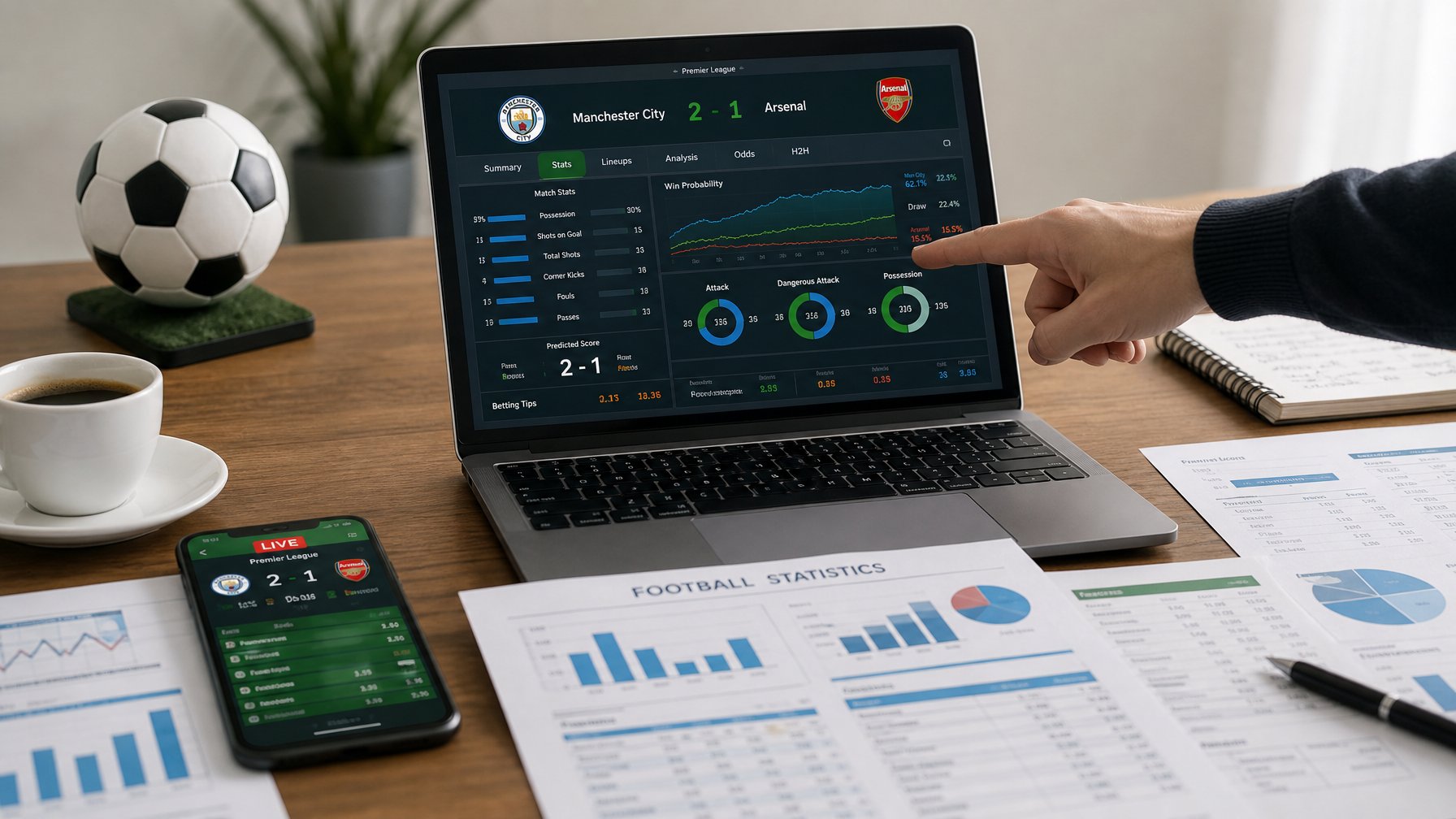 Seseorang menunjuk layar laptop yang menampilkan statistik dan prediksi pertandingan sepak bola dengan grafik dan data di meja kerja.