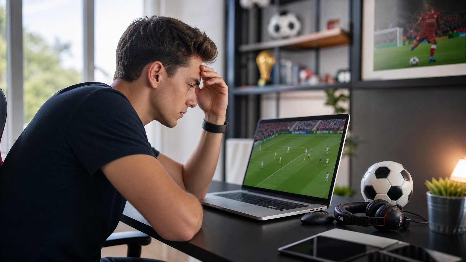 Seorang pria muda duduk di meja dengan laptop, fokus bermain permainan sepak bola online di ruangan yang terang dan rapi.