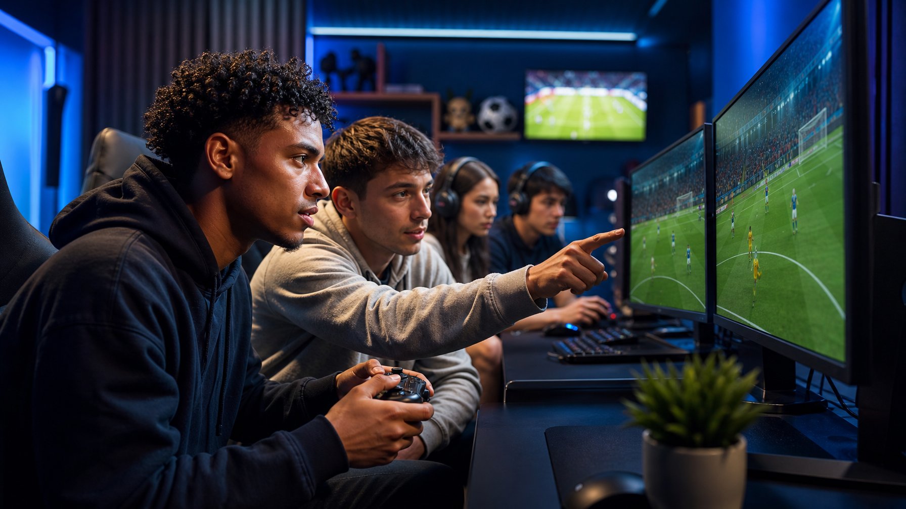 Beberapa orang muda fokus bermain permainan bola online di ruangan dengan layar besar dan peralatan game.