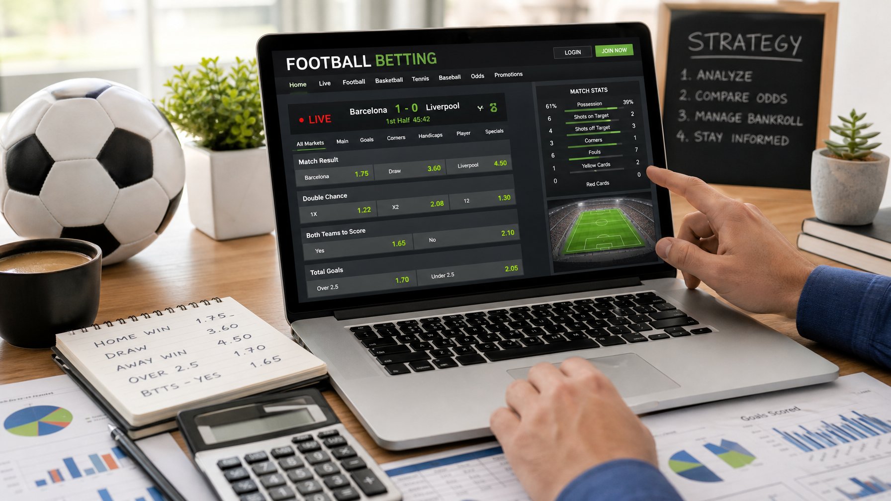 Seorang pria atau wanita sedang menggunakan laptop dengan tampilan situs taruhan bola online, dikelilingi oleh grafik dan alat analisis di meja kerja.