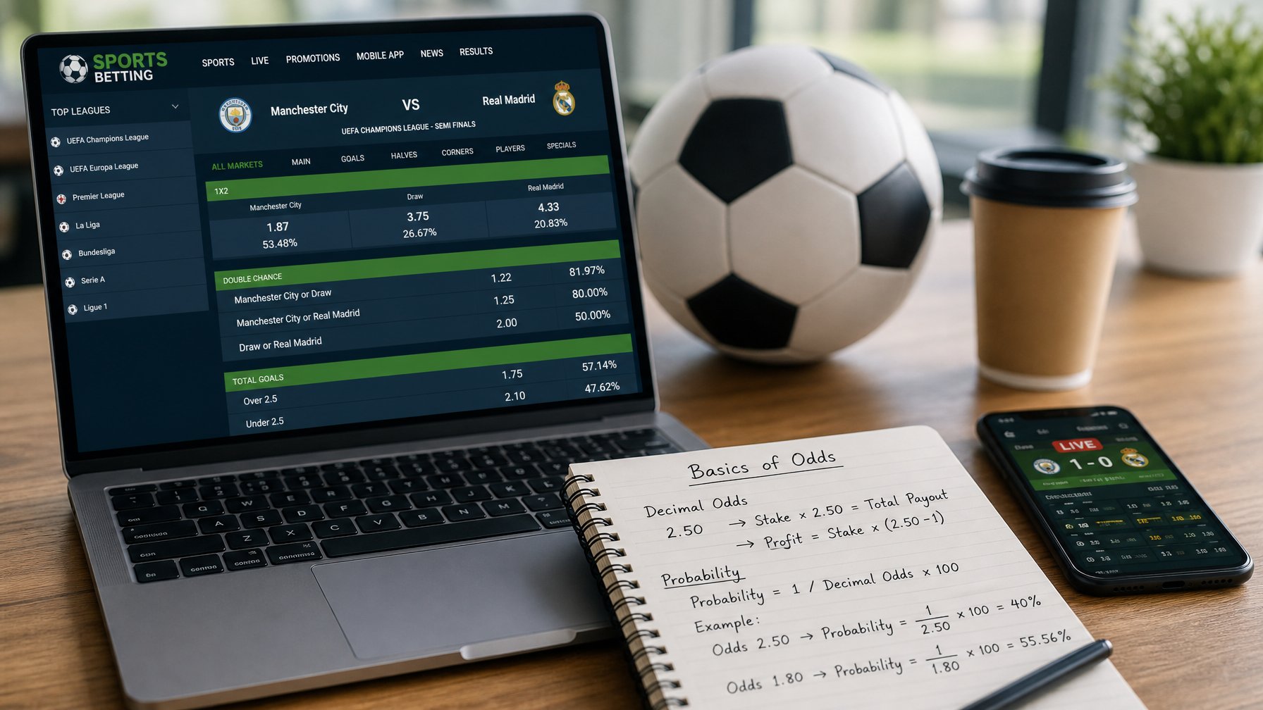 Meja kerja dengan laptop yang menampilkan situs taruhan bola, bola sepak di atas meja, dan catatan dengan perhitungan peluang.