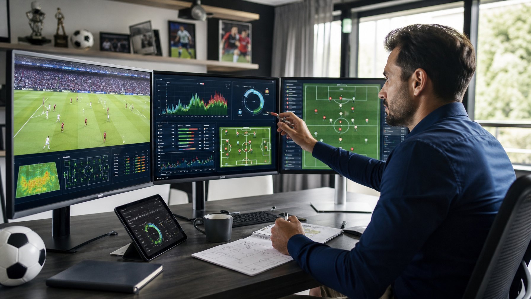 Seorang pria sedang menganalisis pertandingan sepak bola di depan beberapa monitor komputer di ruang kerja yang rapi.