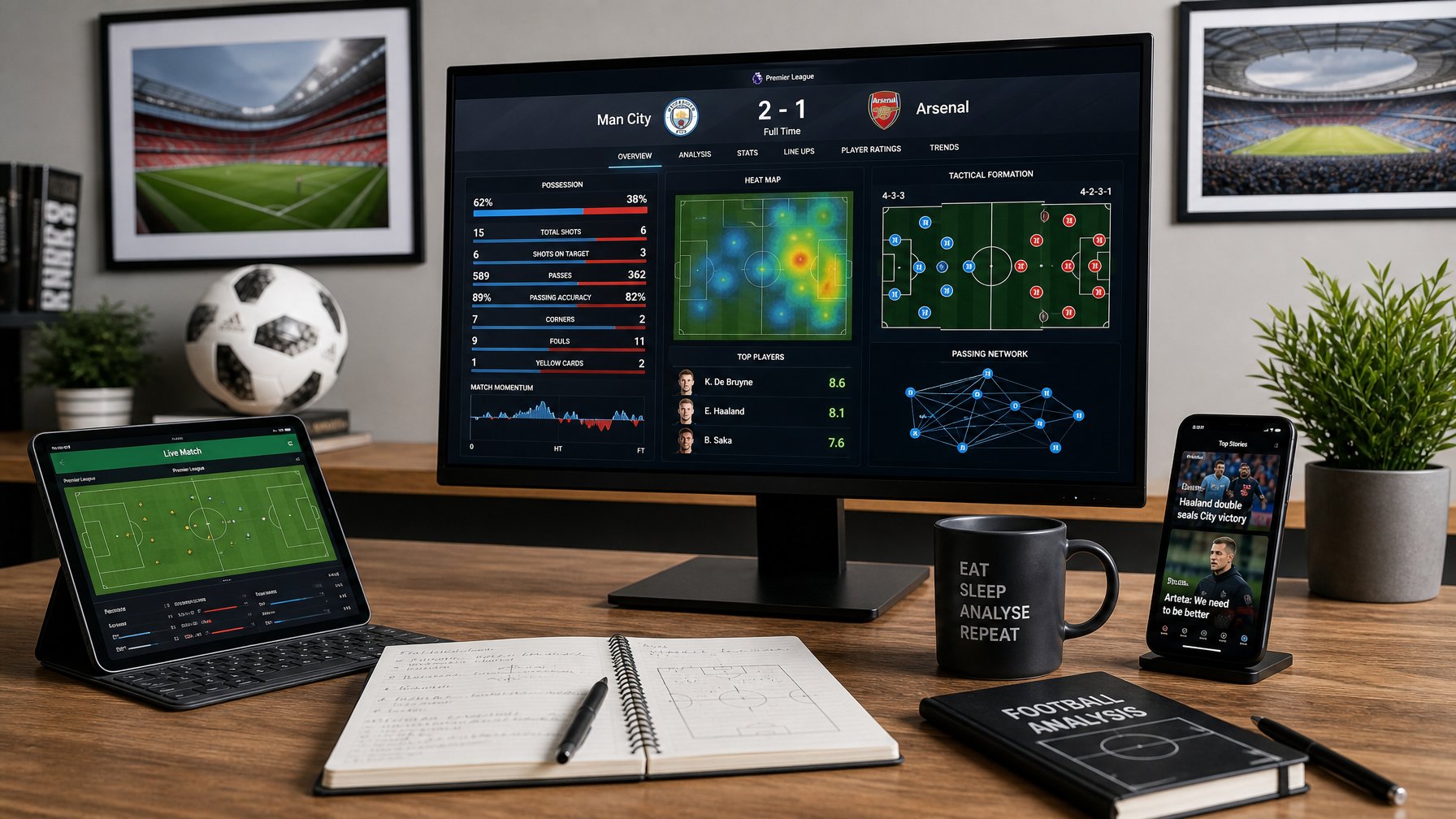 Seorang analis sepak bola bekerja di depan komputer dengan data dan statistik pertandingan liga top dunia, dikelilingi alat analisis dan dekorasi bertema sepak bola.