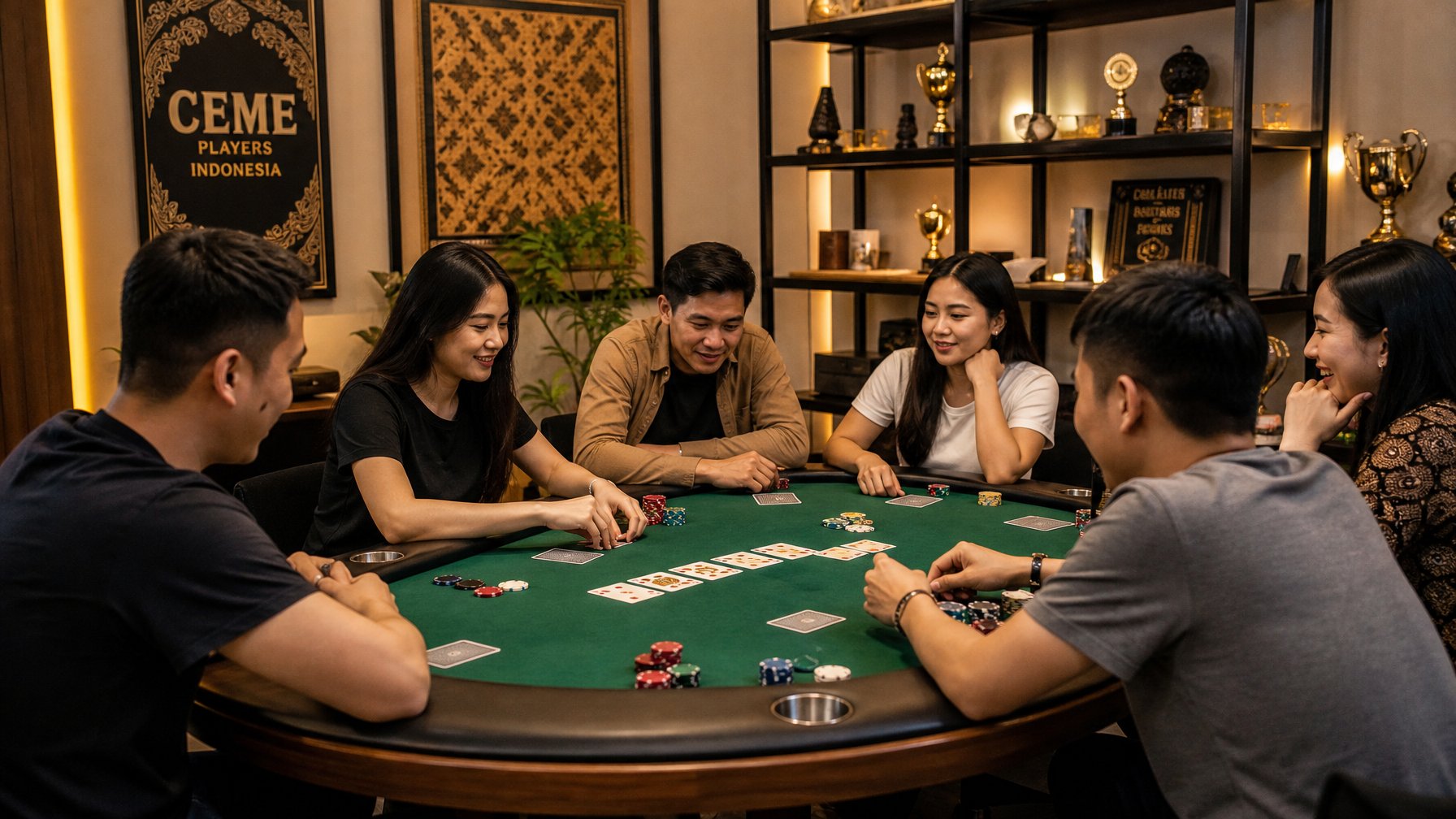 Sekelompok orang muda sedang bermain kartu Ceme di sebuah ruangan privat yang nyaman dan modern.