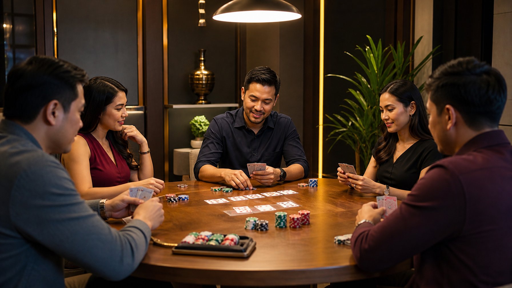 Ruangan pribadi yang nyaman dengan meja permainan dan kartu remi, menampilkan suasana bermain Ceme bersama beberapa pemain.