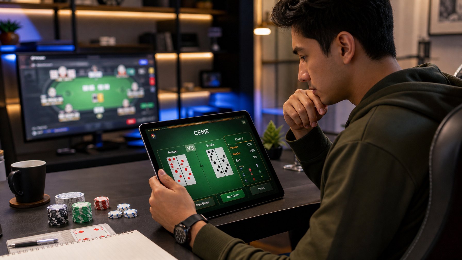 Seorang pria muda duduk di meja gaming di sebuah ruangan pribadi, fokus melihat tablet yang menampilkan permainan kartu, dengan suasana tenang dan perlengkapan permainan di sekitarnya.