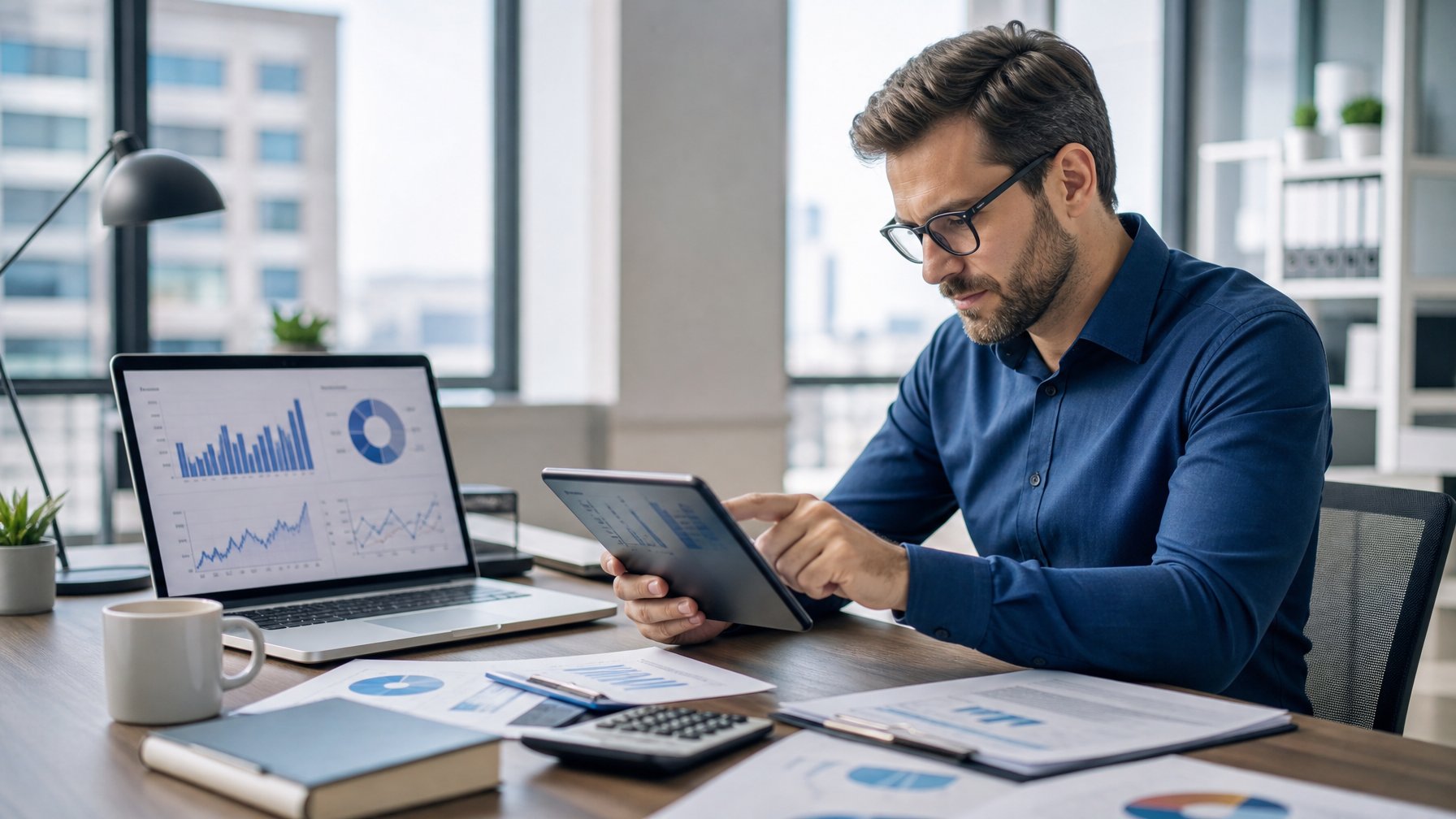 Seorang profesional bisnis sedang bekerja di meja dengan laptop dan tablet yang menampilkan grafik keuangan, di ruang kantor yang rapi dan terang.