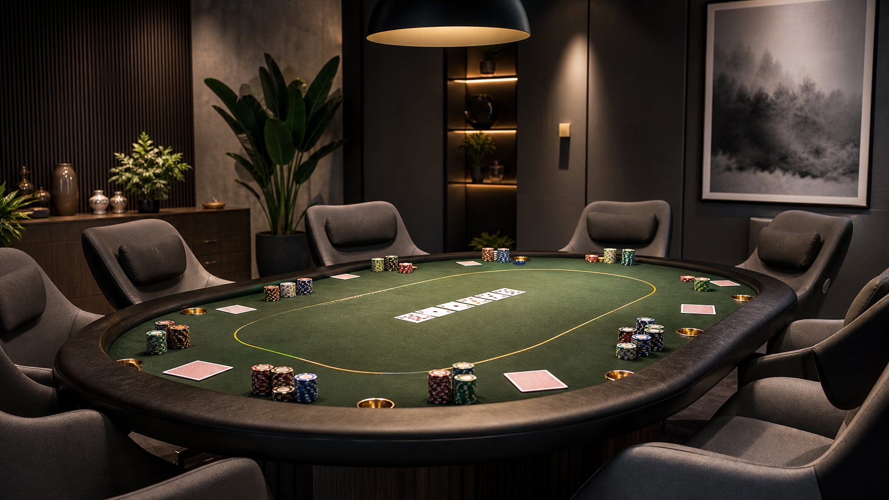 Sebuah ruang permainan pribadi dengan meja poker, kartu, dan chip, serta kursi yang nyaman, menampilkan suasana yang tenang dan siap untuk bermain Ceme.