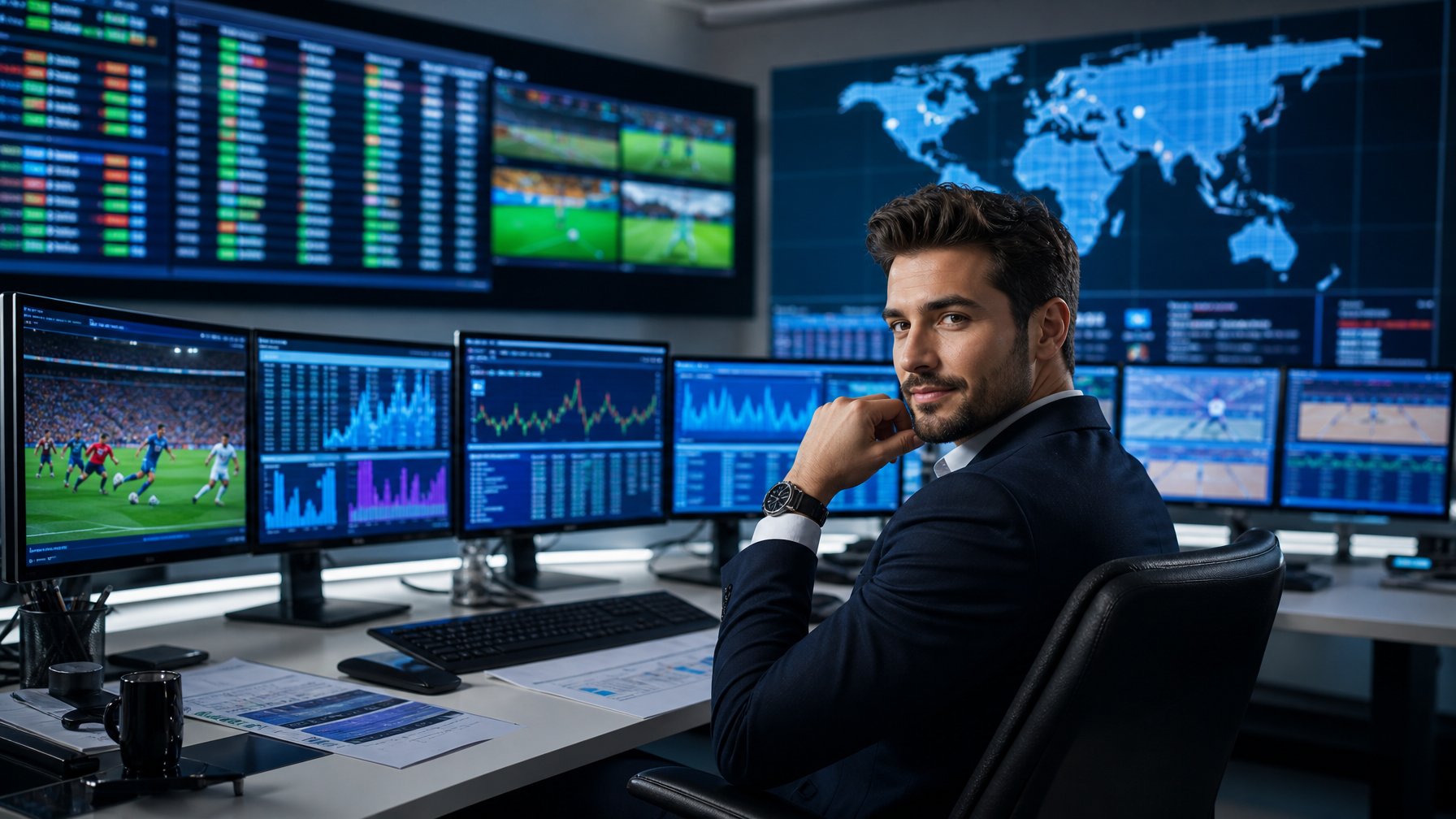 Seorang profesional duduk di meja kerja dengan beberapa layar komputer yang menampilkan statistik dan grafik terkait taruhan olahraga dalam sebuah kantor modern.