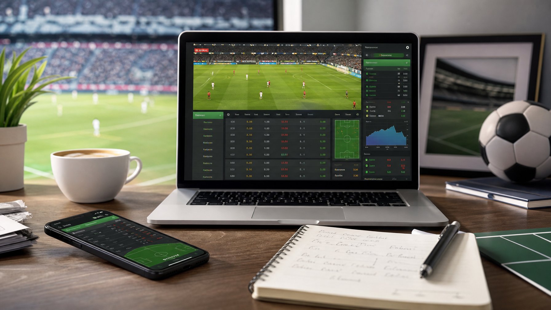 Seorang pengguna duduk di depan laptop yang menampilkan antarmuka taruhan bola online dengan statistik pertandingan, di meja terdapat ponsel, kopi, dan catatan.