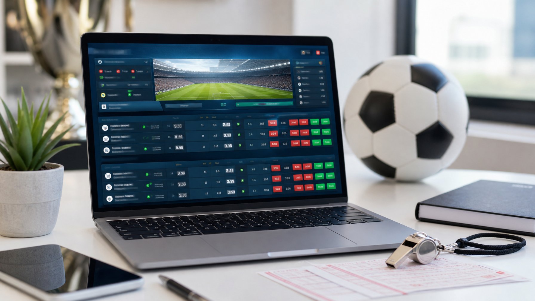 Meja kerja dengan laptop yang menampilkan platform taruhan bola online dan bola sepak di sampingnya.