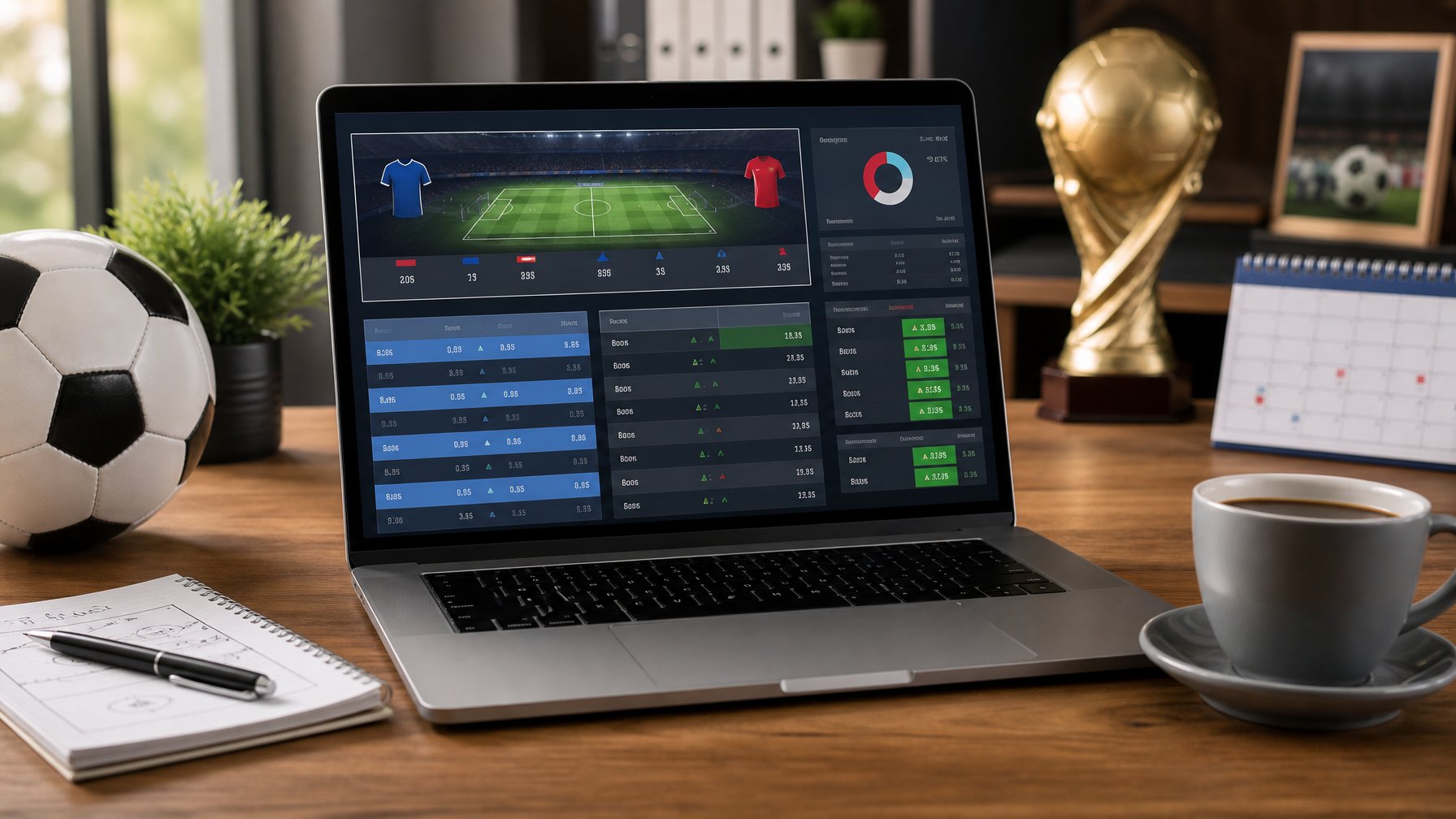 Seorang pria sedang menganalisis taruhan sepak bola di depan laptop dengan bola sepak di meja dan suasana kantor yang rapi.