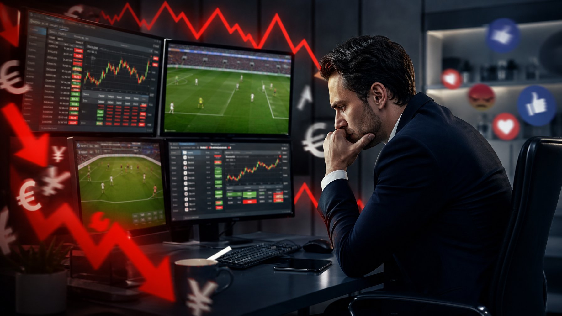 Seorang pria serius duduk di meja dengan beberapa layar komputer menampilkan taruhan olahraga dan grafik keuangan, menggambarkan risiko finansial dan dampak sosial dari permainan bandar bola online.