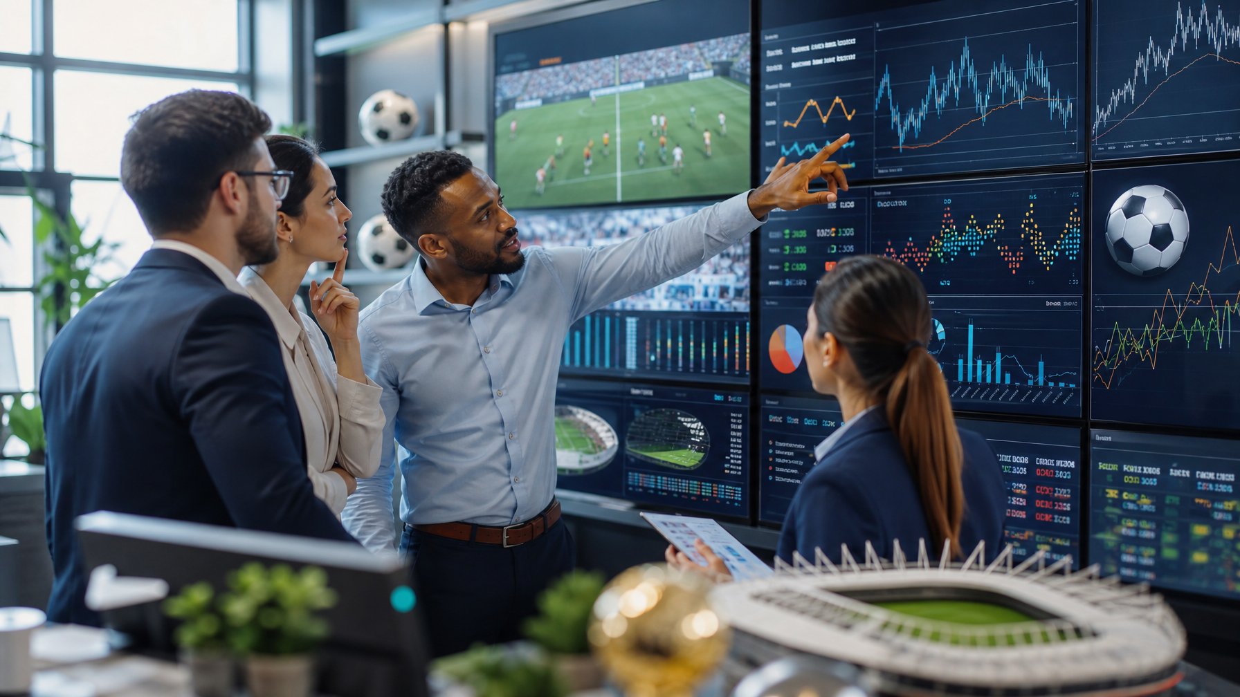 Sekelompok profesional sedang berdiskusi di kantor modern dengan layar besar yang menampilkan statistik pertandingan sepak bola dan data taruhan.