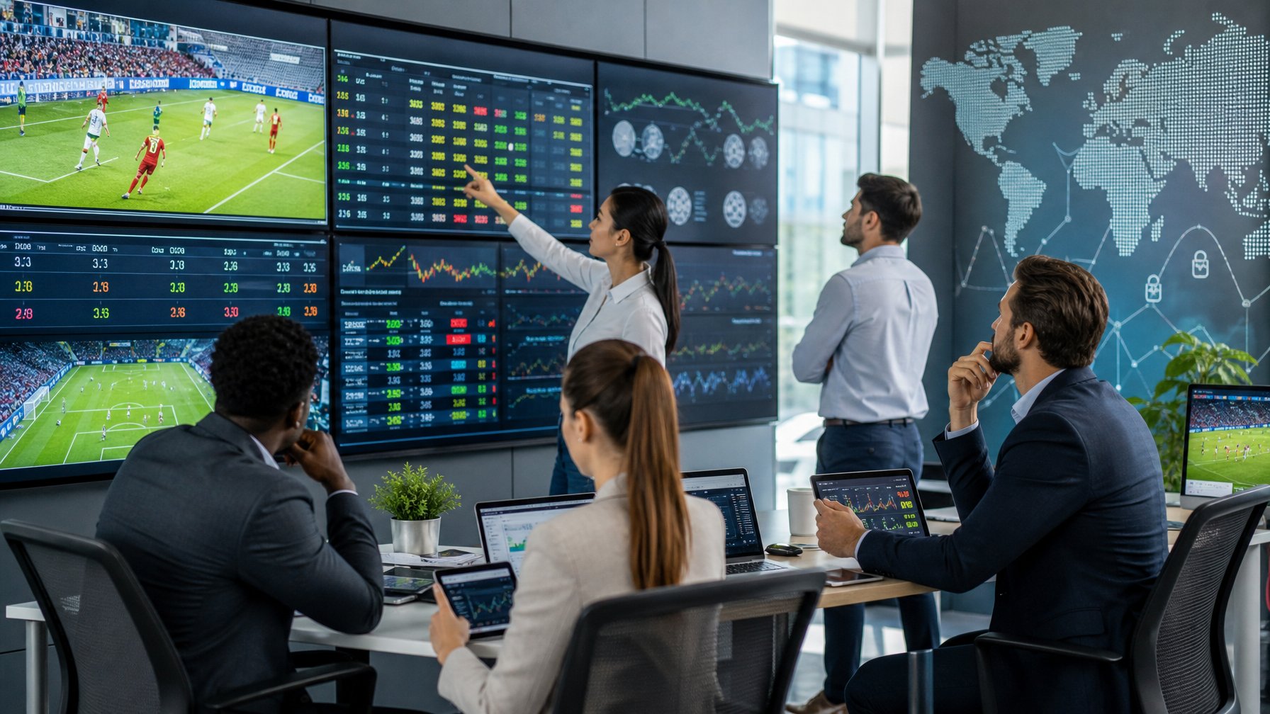 Sekelompok profesional sedang menganalisis data taruhan olahraga di layar digital di sebuah kantor modern.