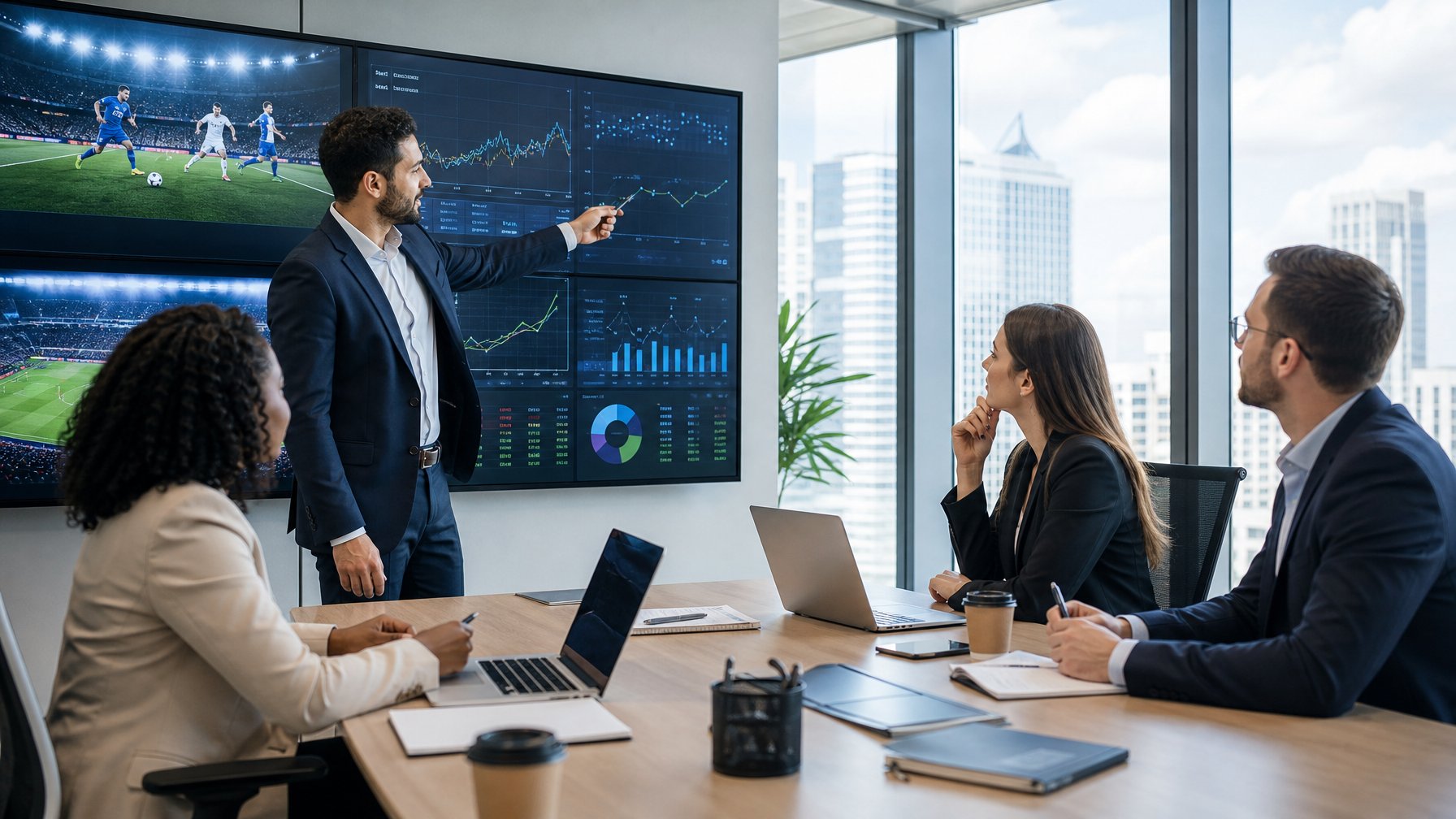 Sekelompok profesional bisnis sedang berdiskusi dan menganalisis data taruhan olahraga di ruang kantor dengan layar digital besar menampilkan grafik dan angka.