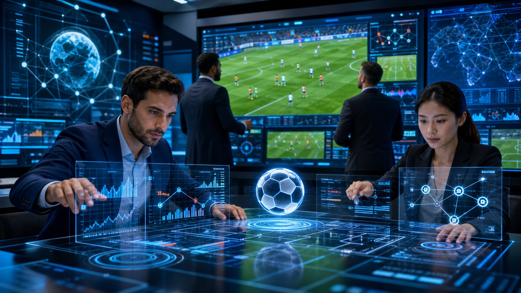 Orang-orang bekerja dengan layar digital yang menampilkan data pertandingan sepak bola dan analitik di ruang kerja modern.