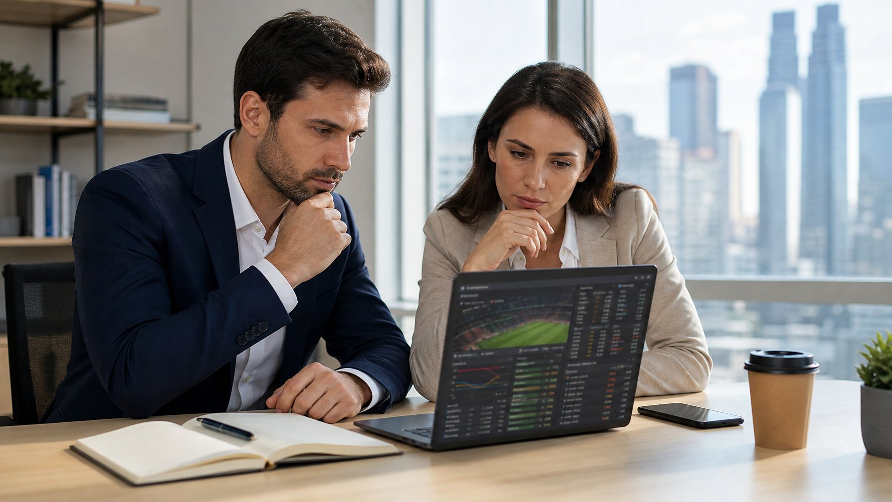 Dua orang sedang duduk di meja kantor melihat layar laptop dengan statistik olahraga, terlihat serius dan fokus.