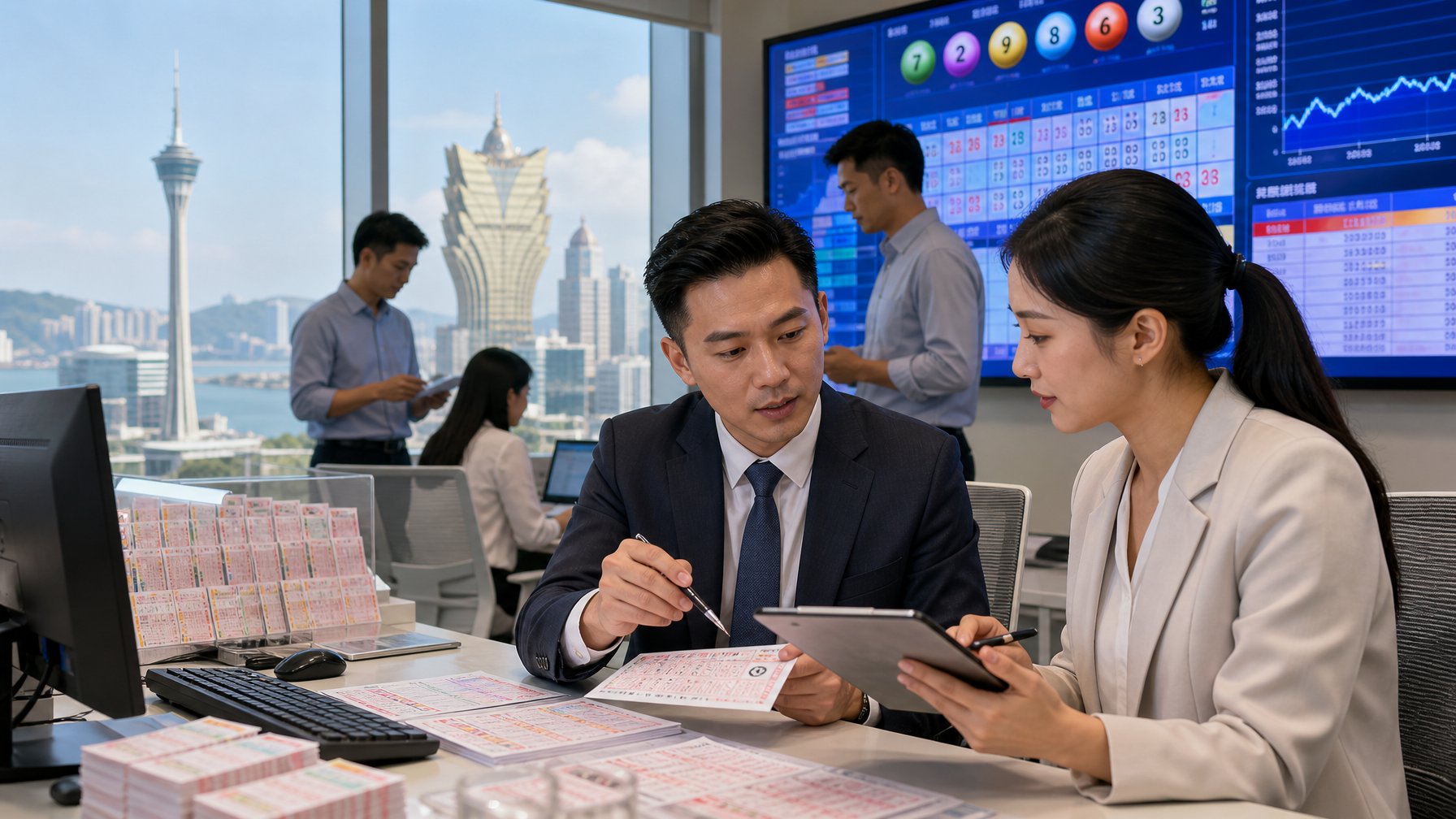 Orang-orang bekerja di kantor lotere dengan latar belakang pemandangan kota Macau yang menampilkan menara dan kasino.