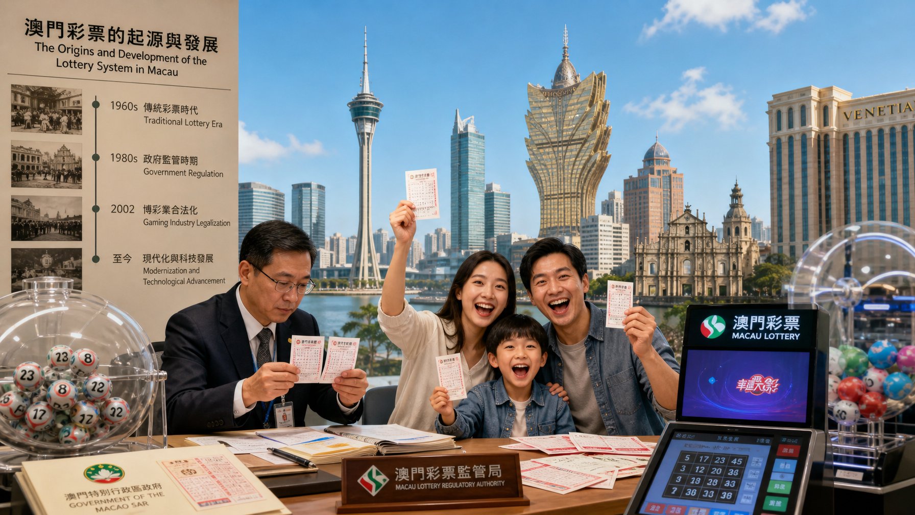 Pemandangan kota Macau dengan menara dan kasino, orang-orang memegang tiket lotere dan seorang petugas memeriksa tiket, menggambarkan sistem lotere di Macau.