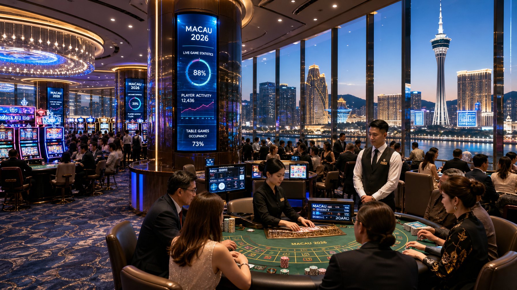Lantai kasino modern di Macau dengan pemain yang sedang bermain dan pemandangan kota di latar belakang.