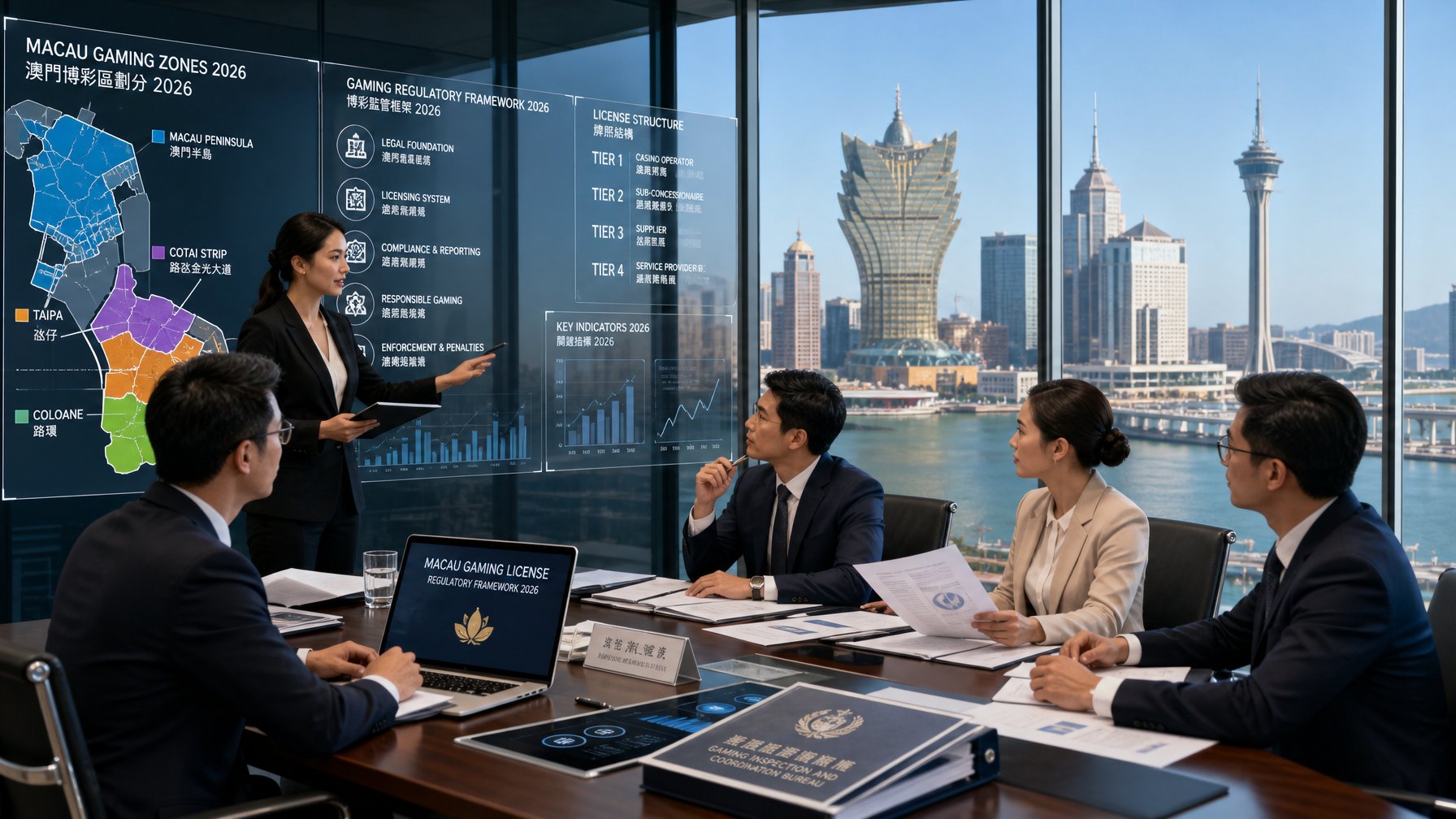 Sejumlah profesional sedang berdiskusi di kantor modern dengan pemandangan kota Macau dan gedung kasino di latar belakang.