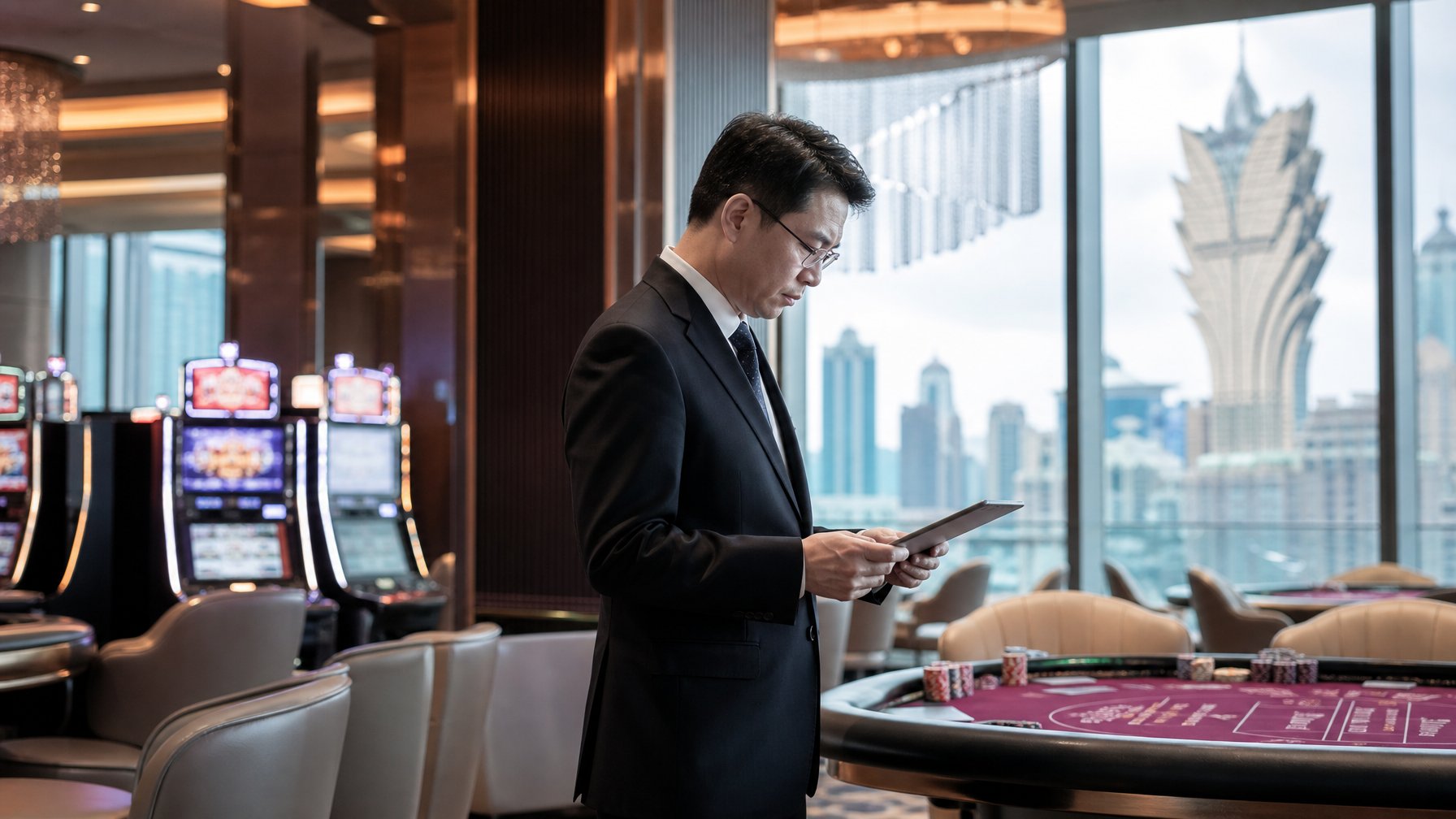 Seorang petugas regulasi memeriksa dokumen di dalam kasino modern dengan latar belakang meja permainan dan mesin slot di Macau.