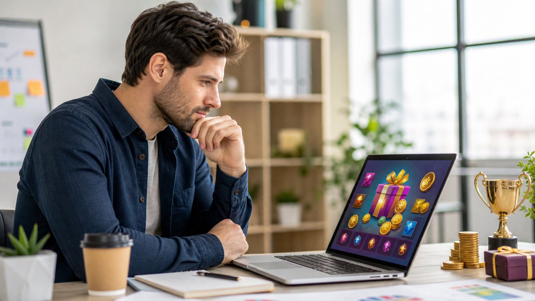 Seorang dewasa muda duduk di meja modern dengan laptop dan simbol permainan serta hadiah di sekitarnya, terlihat sedang berpikir dan mempertimbangkan sesuatu.