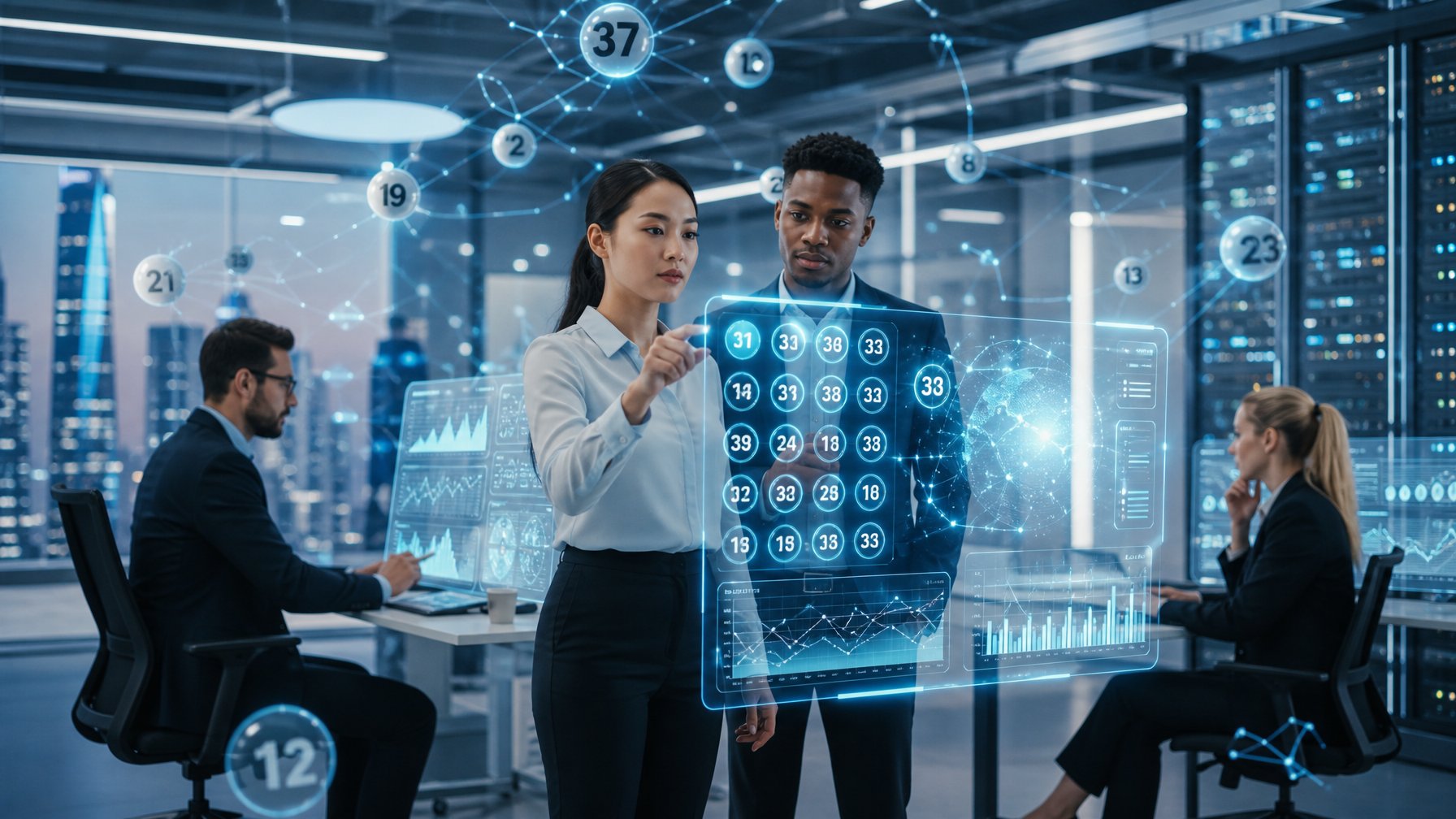 Para profesional bekerja dengan layar digital dan elemen holografik yang menampilkan angka dan data dalam lingkungan kantor modern.