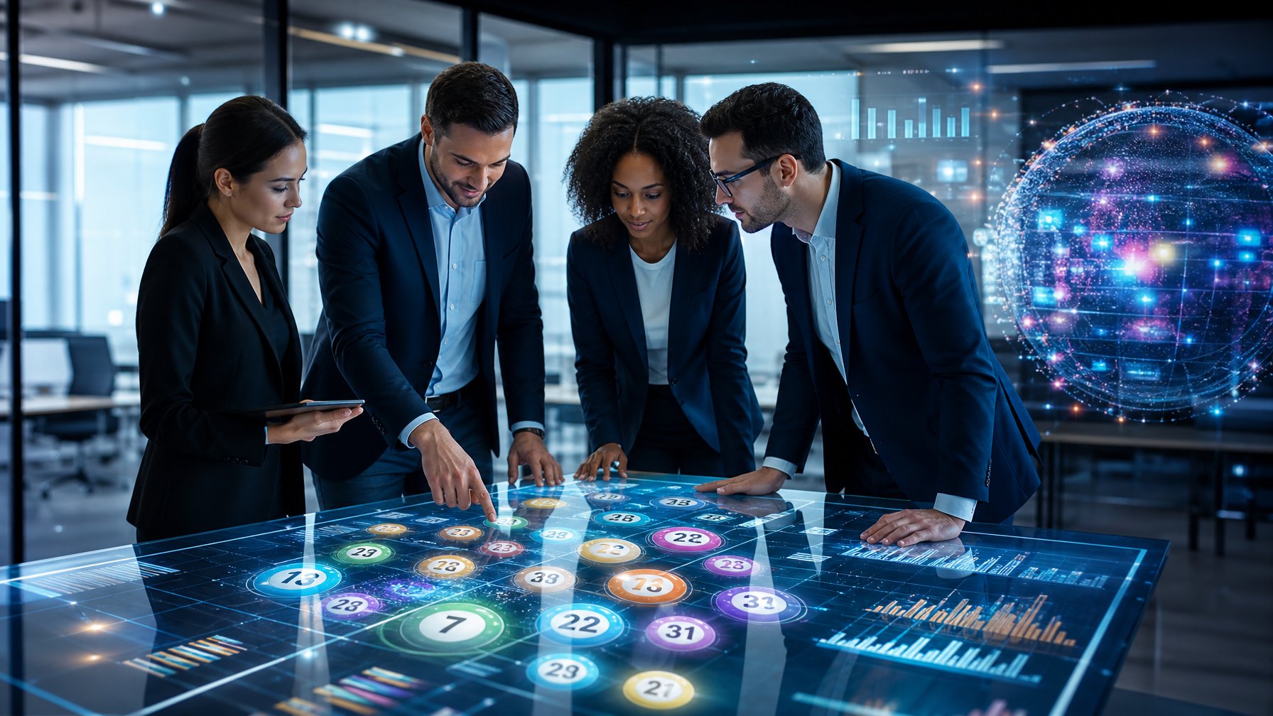 Sekelompok profesional bekerja bersama di kantor modern dengan layar sentuh digital menampilkan angka lotere dan grafik teknologi futuristik.