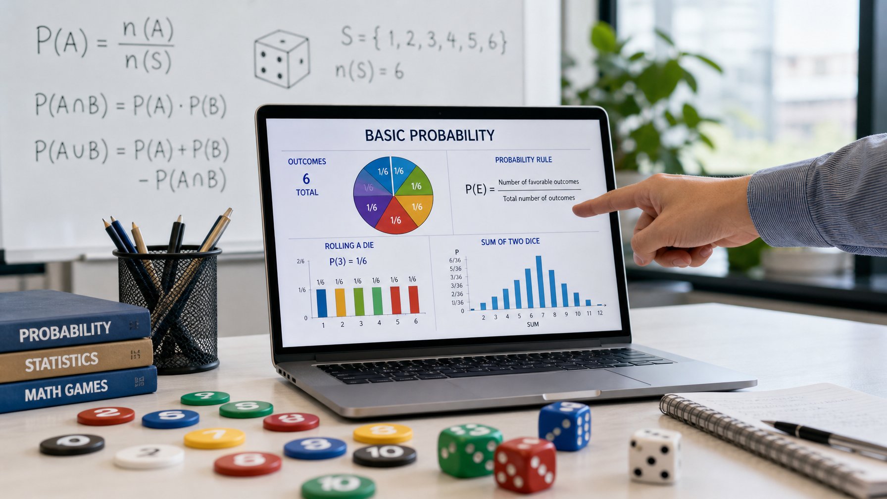 Sebuah meja kerja modern dengan laptop yang menampilkan grafik probabilitas, token angka dan tangan menunjuk layar, di latar belakang terlihat rumus matematika pada papan tulis.