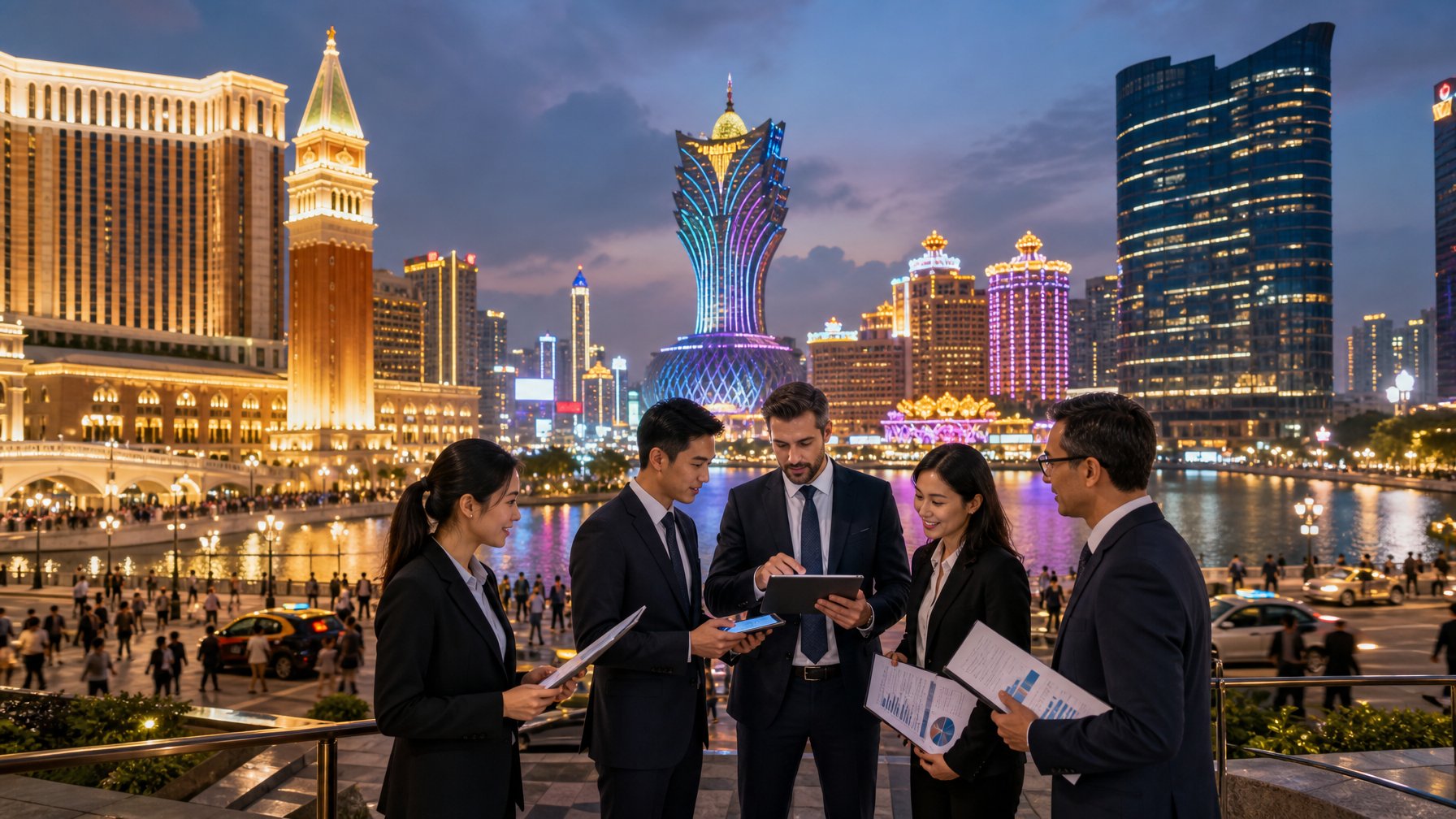 Pemandangan distrik kasino Macau saat senja dengan profesional bisnis berdiskusi di latar depan dan gedung pencakar langit di belakang.