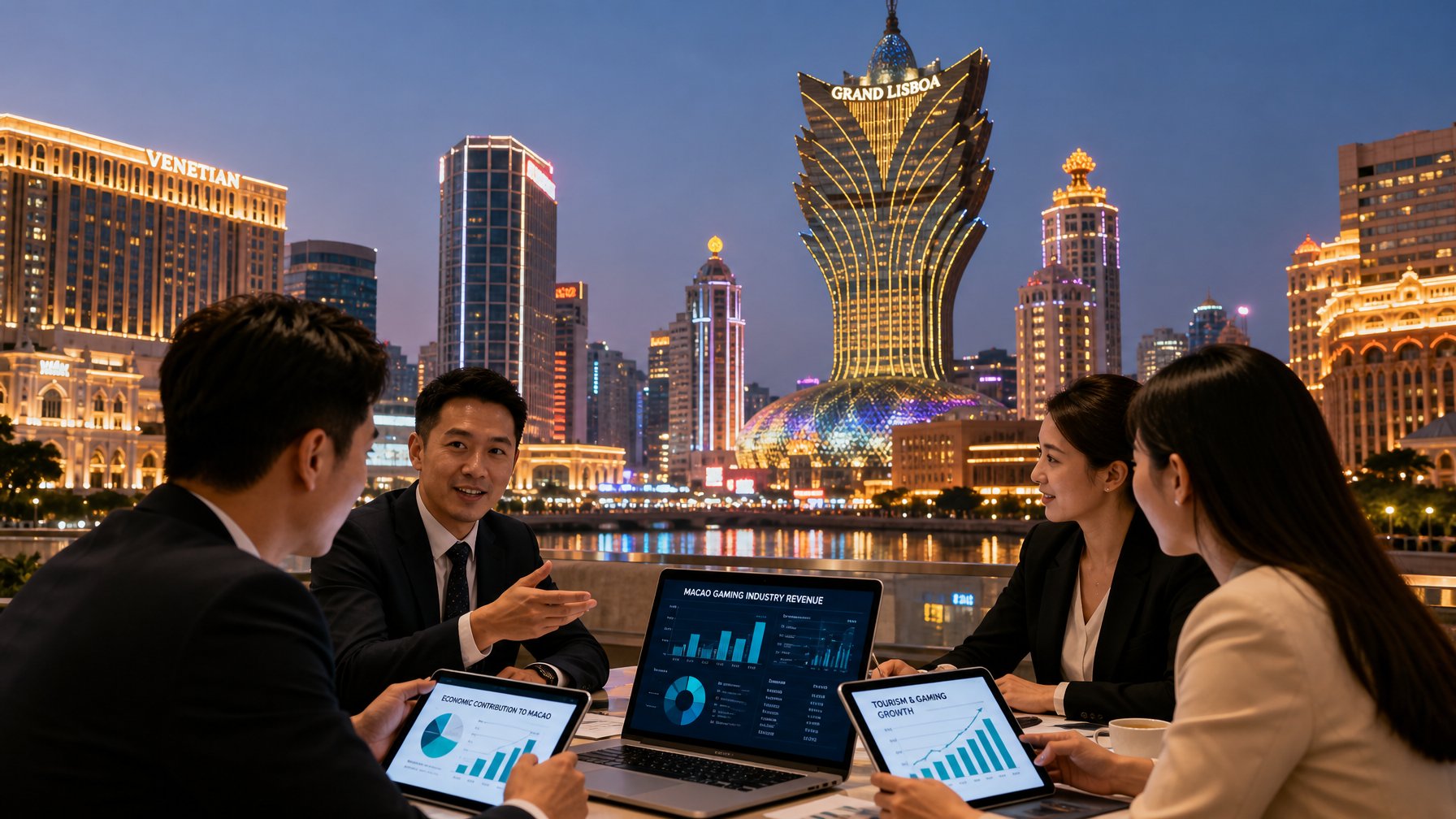 Pemandangan kota Macau dengan gedung kasino terkenal dan profesional bisnis yang sedang berdiskusi sambil melihat grafik keuangan.